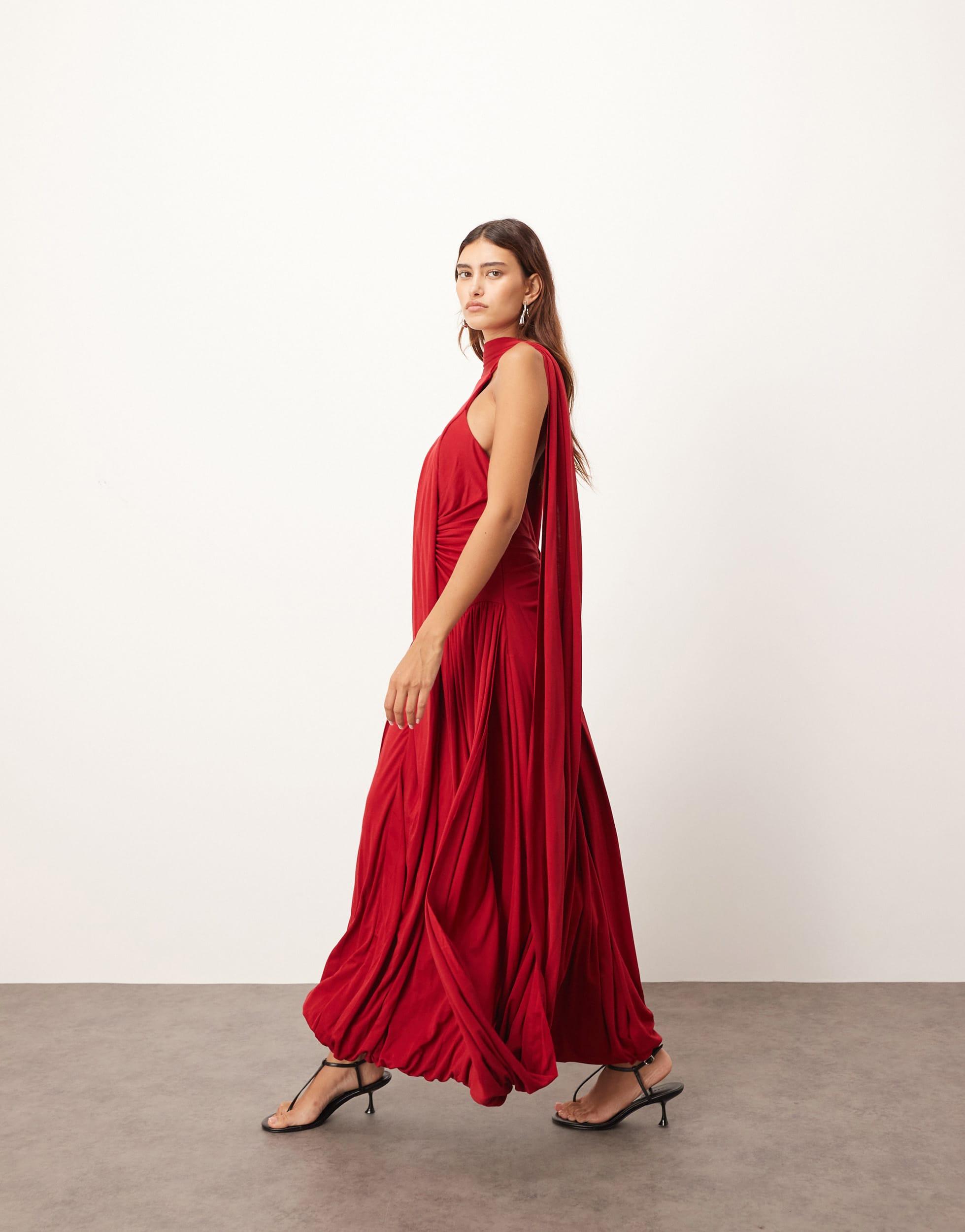 ARRANGE Scarf Neck Draped Hem Open Back Maxi Dress in Red | Lyst ARRANGE Scarf Neck Draped Hem Open Back Maxi Dress in Red | Lyst