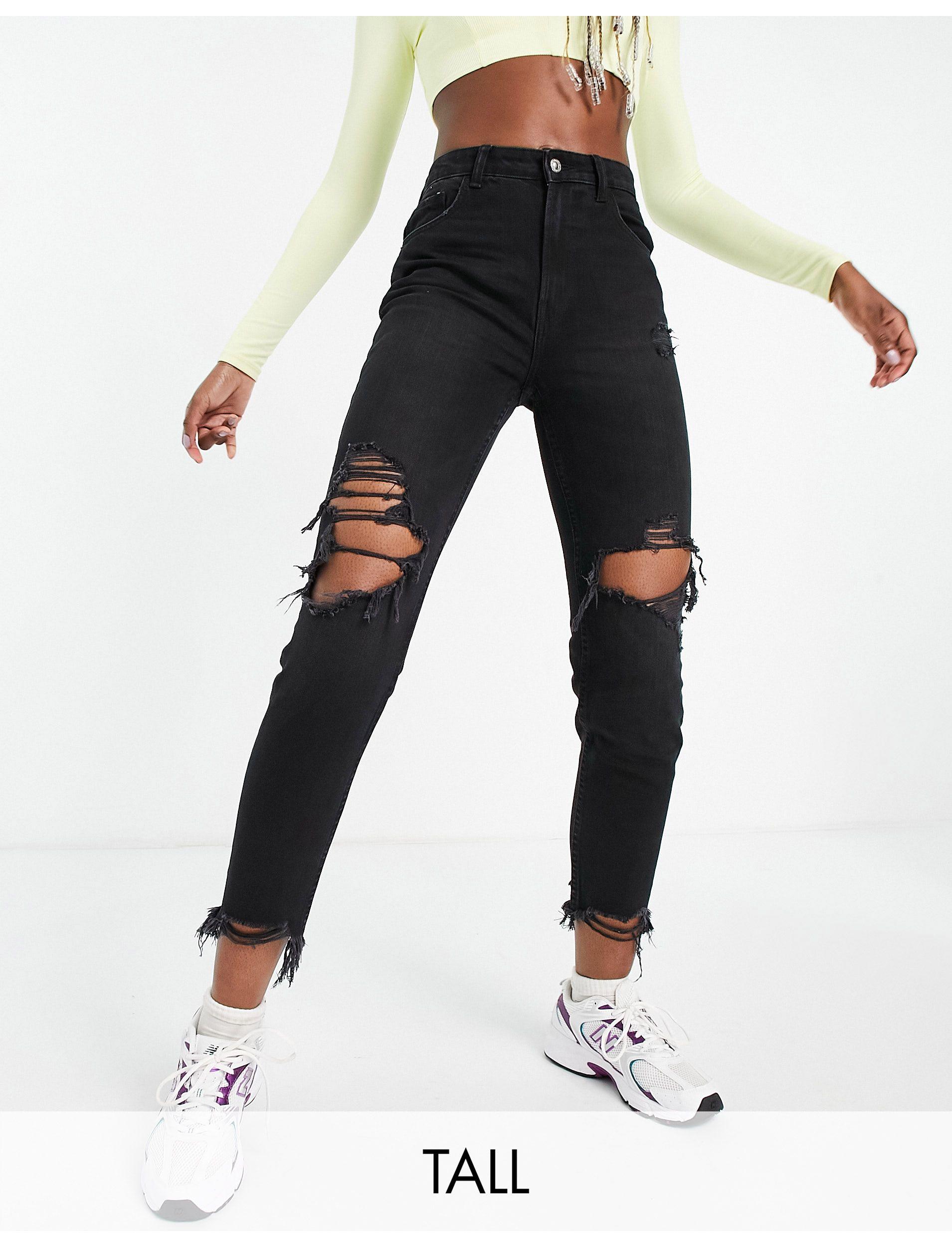 Bershka Tall Organic Cotton Mom Jeans With Rips And Distressed Hem in Black  - Save 30% | Lyst
