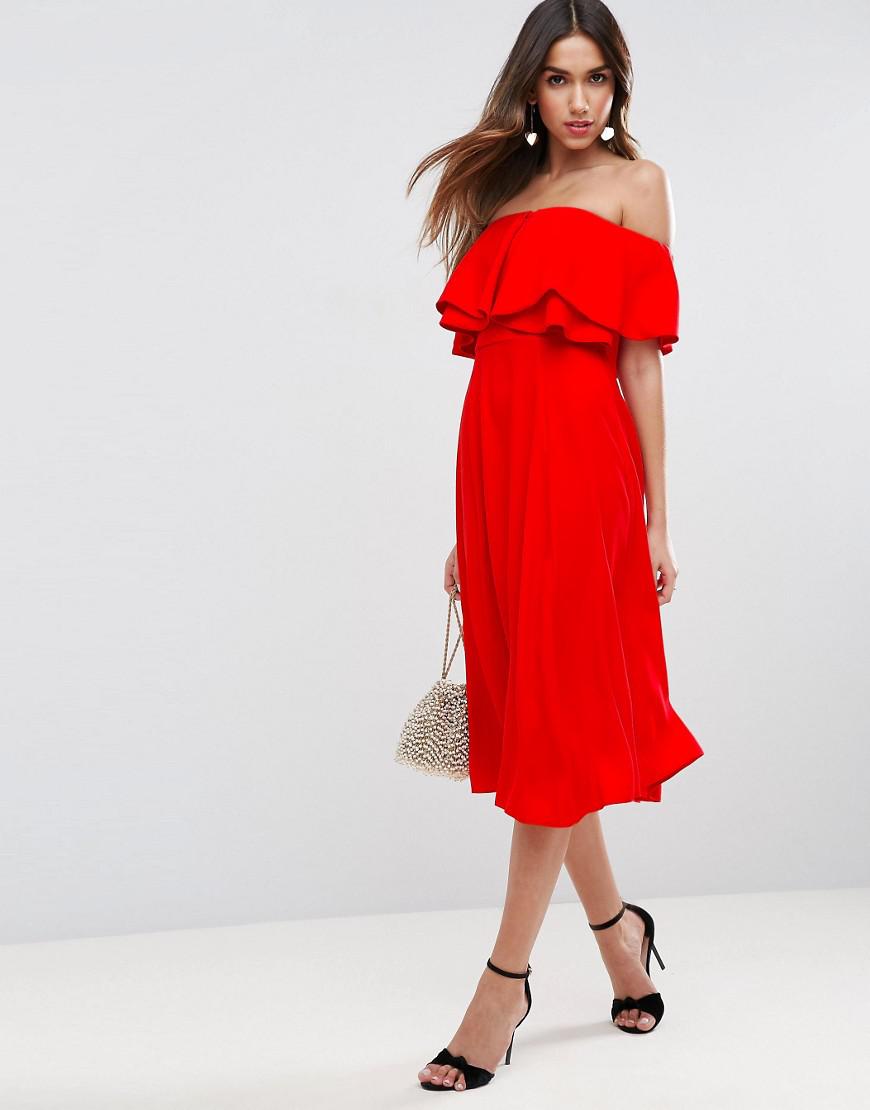 ASOS Synthetic Soft Off Shoulder Bardot Prom Midi Dress in Red - Lyst