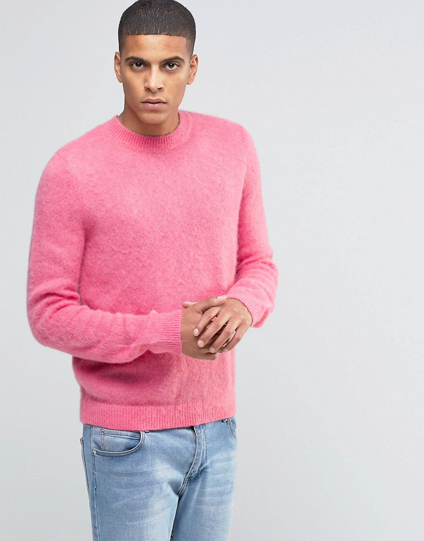 ASOS Synthetic Mohair Mix Crew Neck Jumper In Pink for Men - Lyst