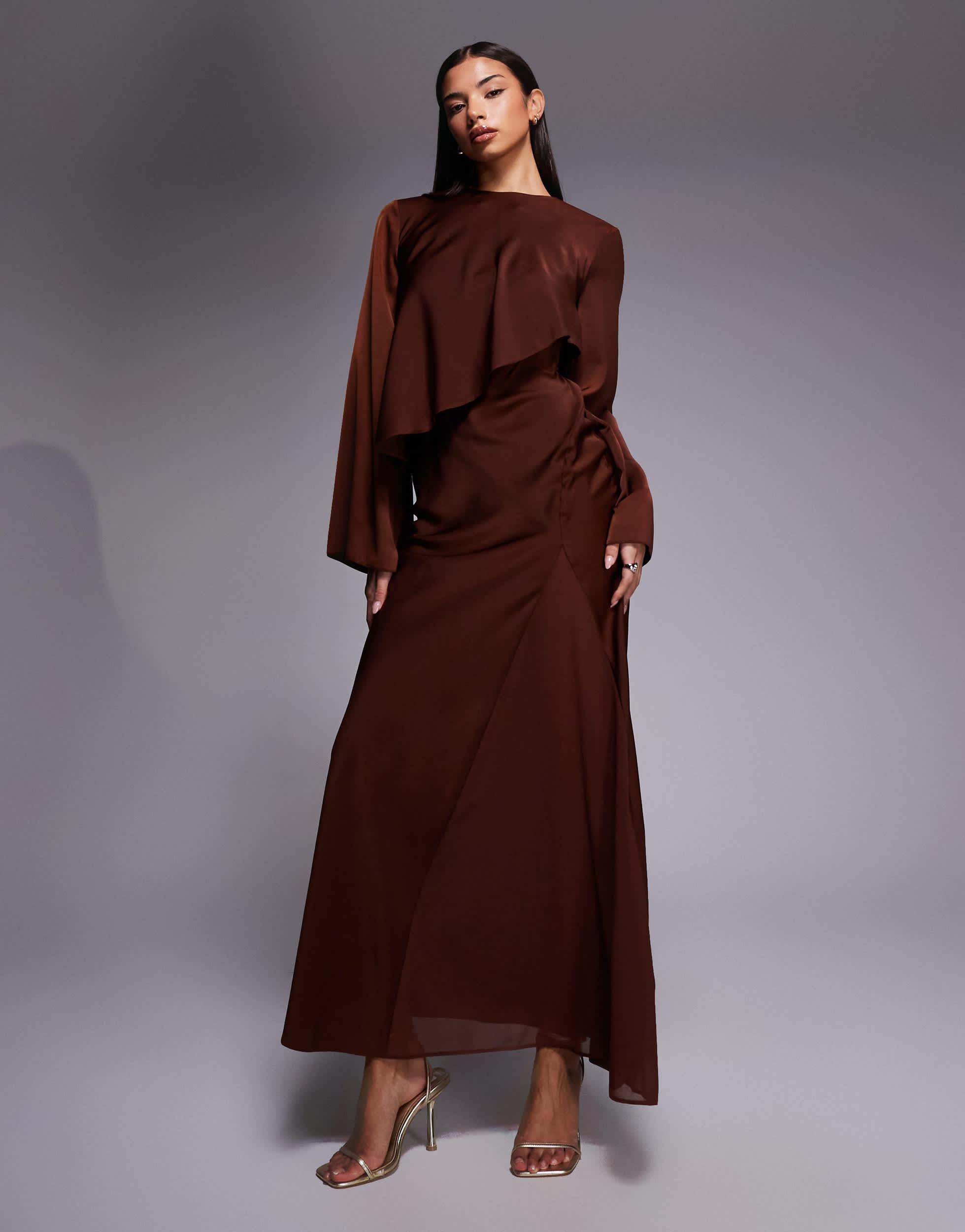 ASOS Satin Long Sleeve Cape Detail Maxi Dress in Brown | Lyst