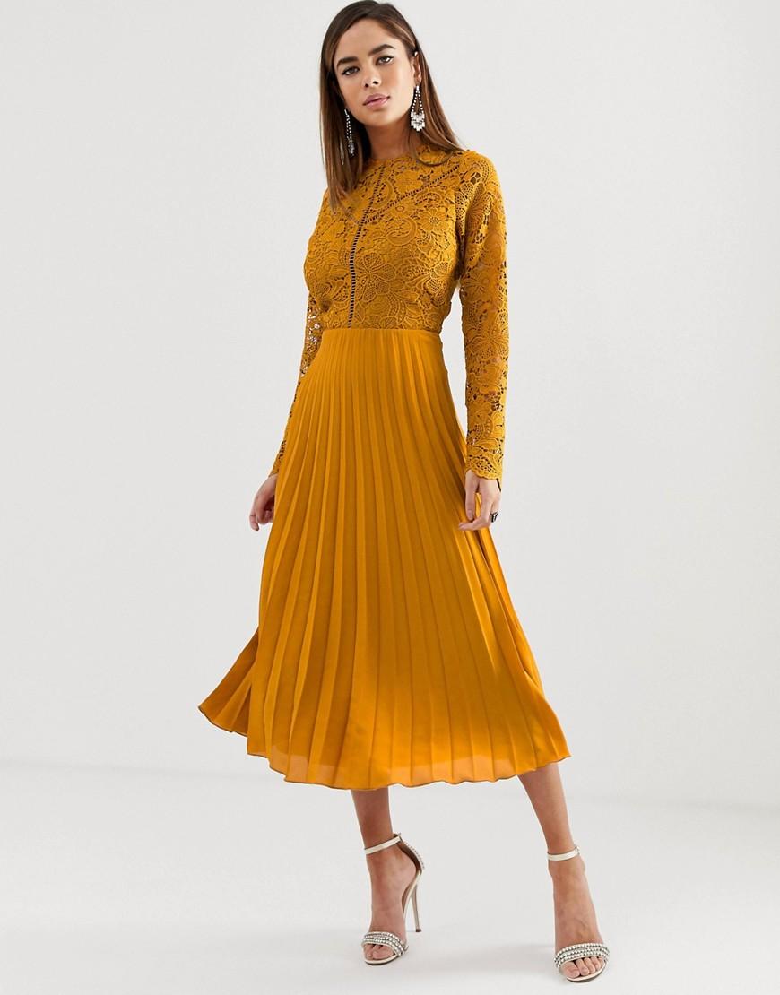 ASOS Long Sleeve Lace Bodice Midi Dress With Pleated Skirt in Orange | Lyst