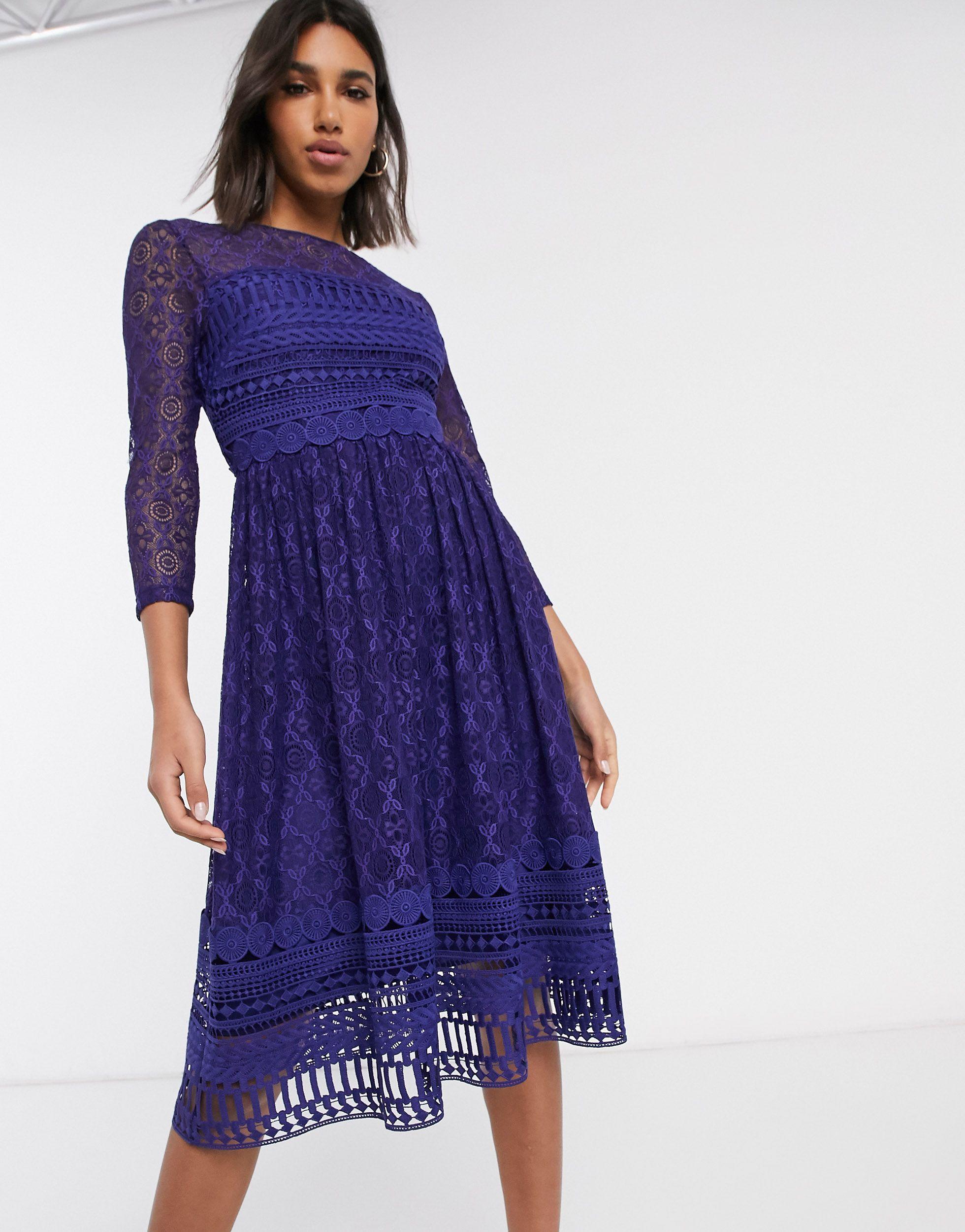 ASOS Premium Lace Midi Skater Dress in Purple | Lyst Canada