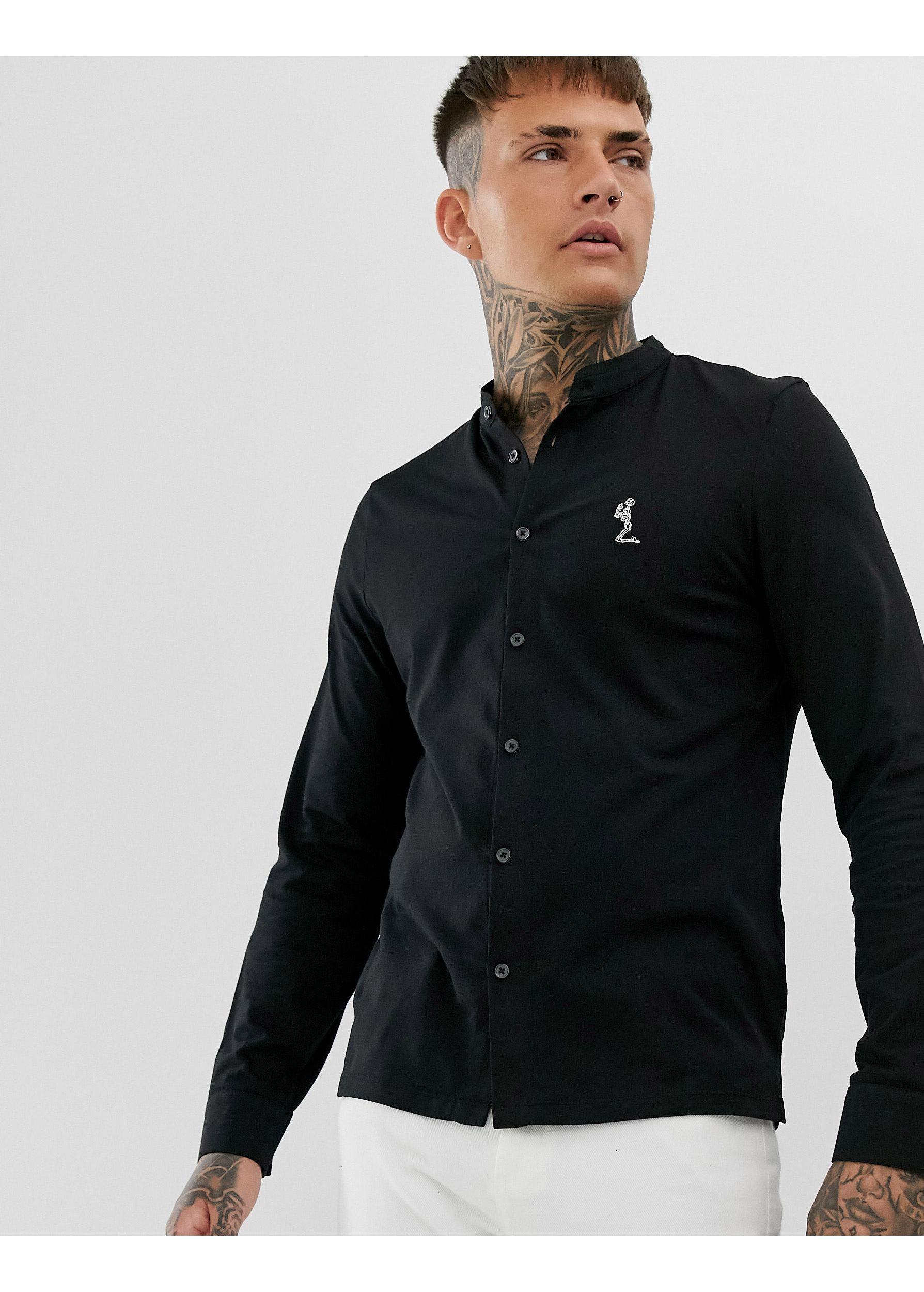 black slim fit grandad collar shirt