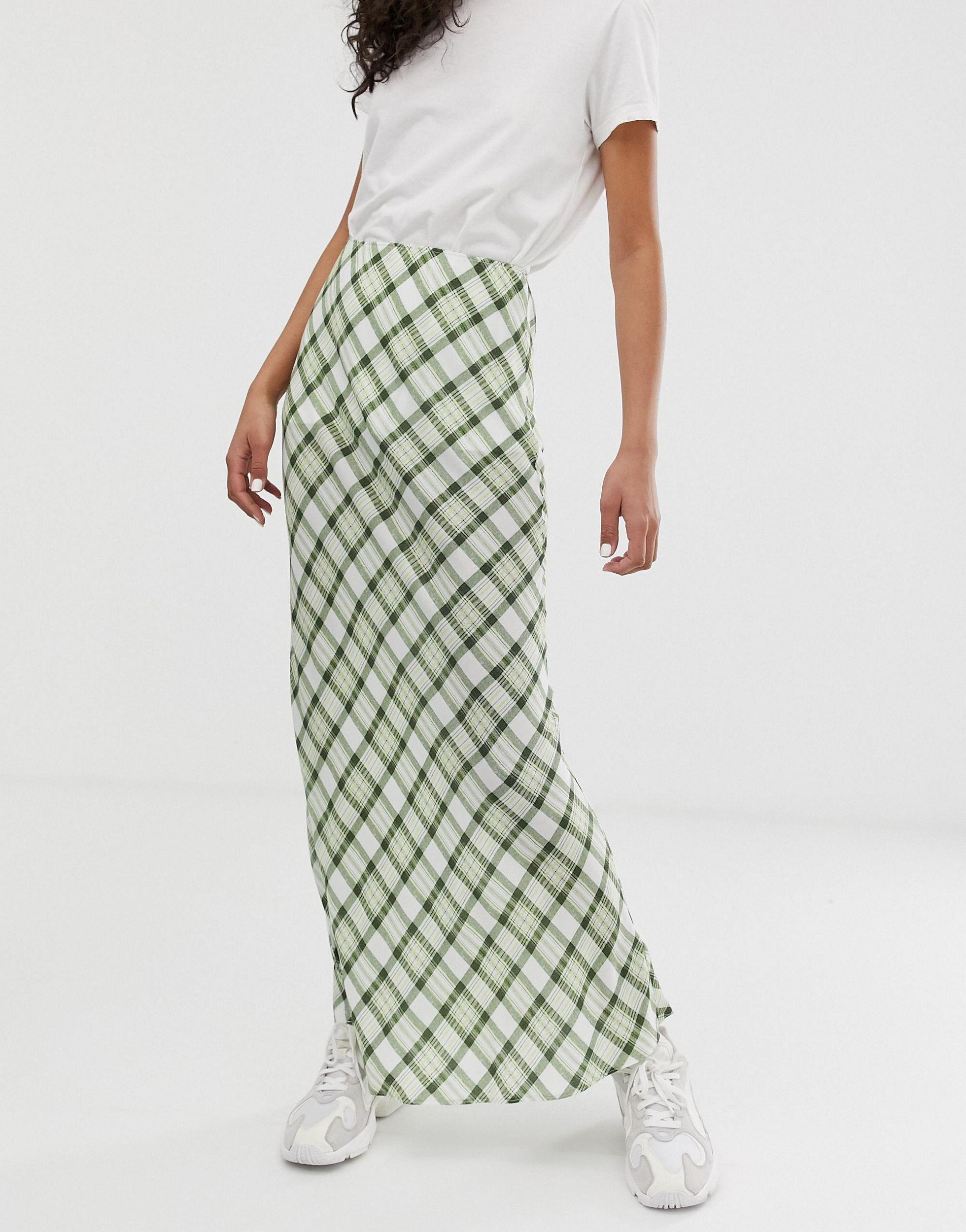 ASOS Asos Design Tall Check Print Bias Cut City Maxi Skirt in Green | Lyst