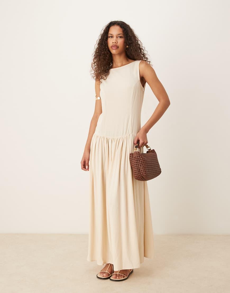 ASOS Linen Blend Low Back Drop Waist Maxi Dress in Natural | Lyst UK