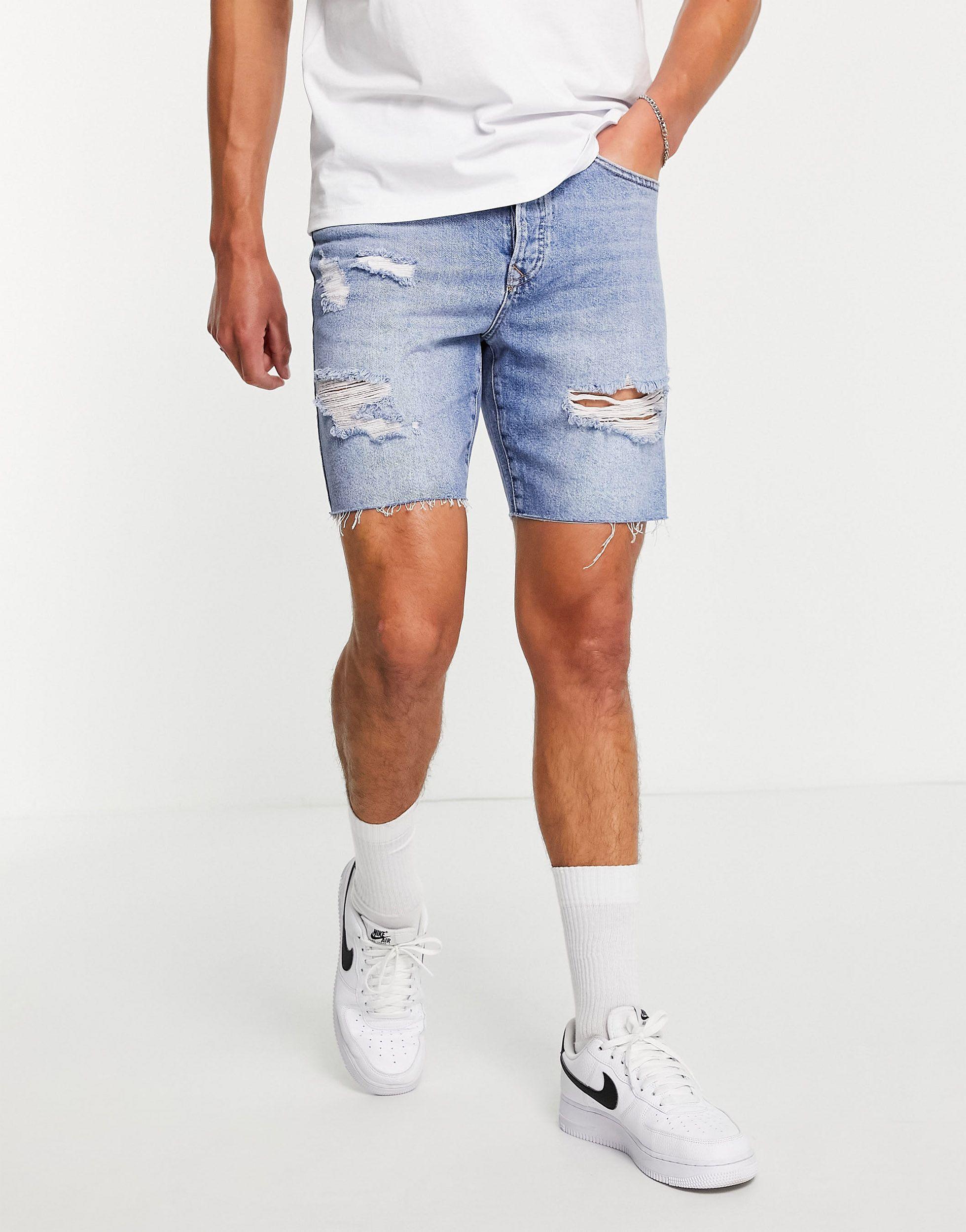 TOPMAN Ripped Slim Denim Shorts in Blue 