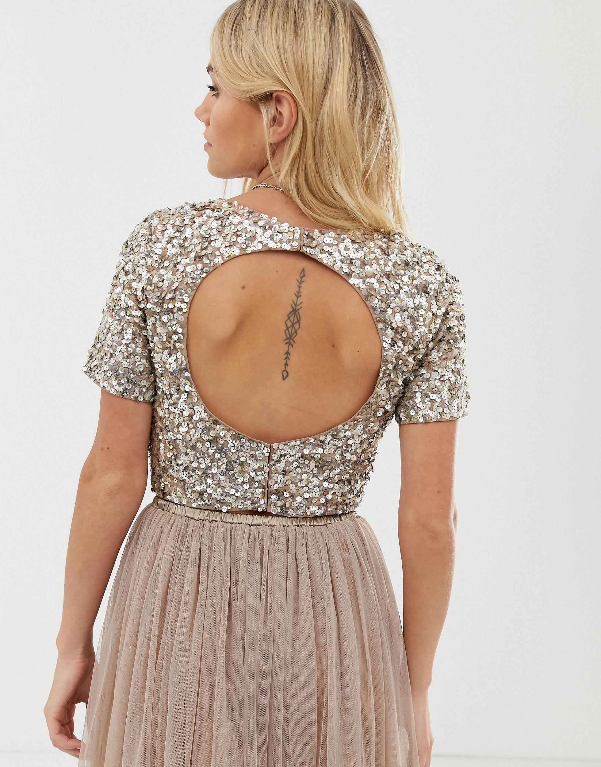 LACE & BEADS Cropped Top With Embellishment And Open Back Co-ord in Brown |  Lyst