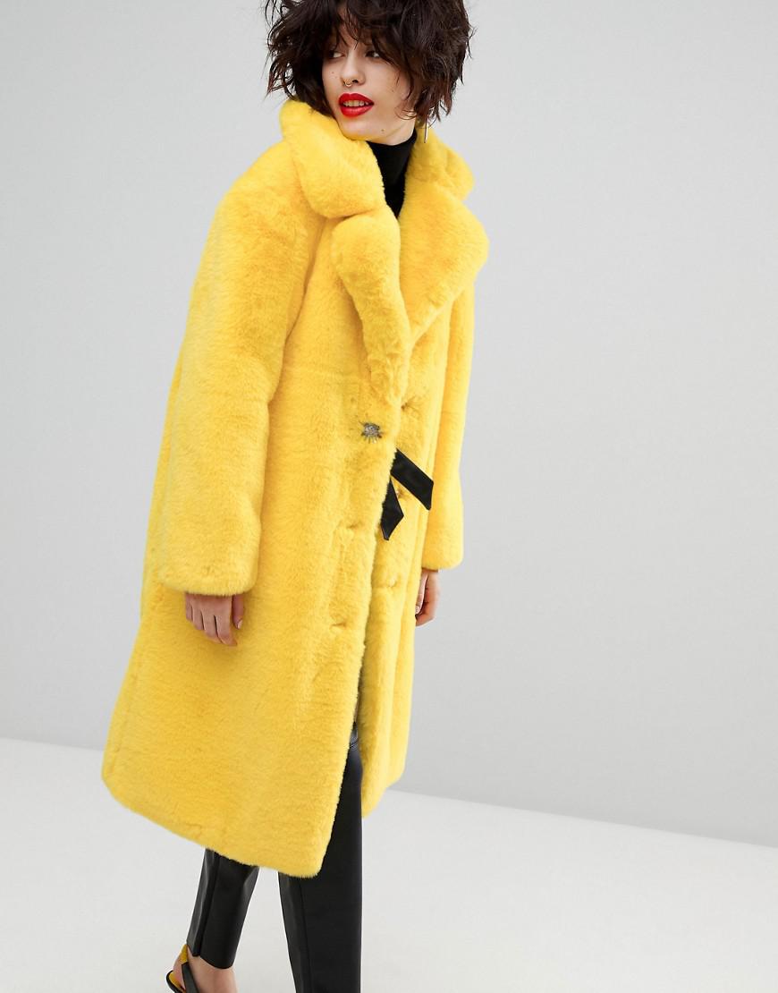 Mango Faux Fur Tonal Coat in Yellow | Lyst