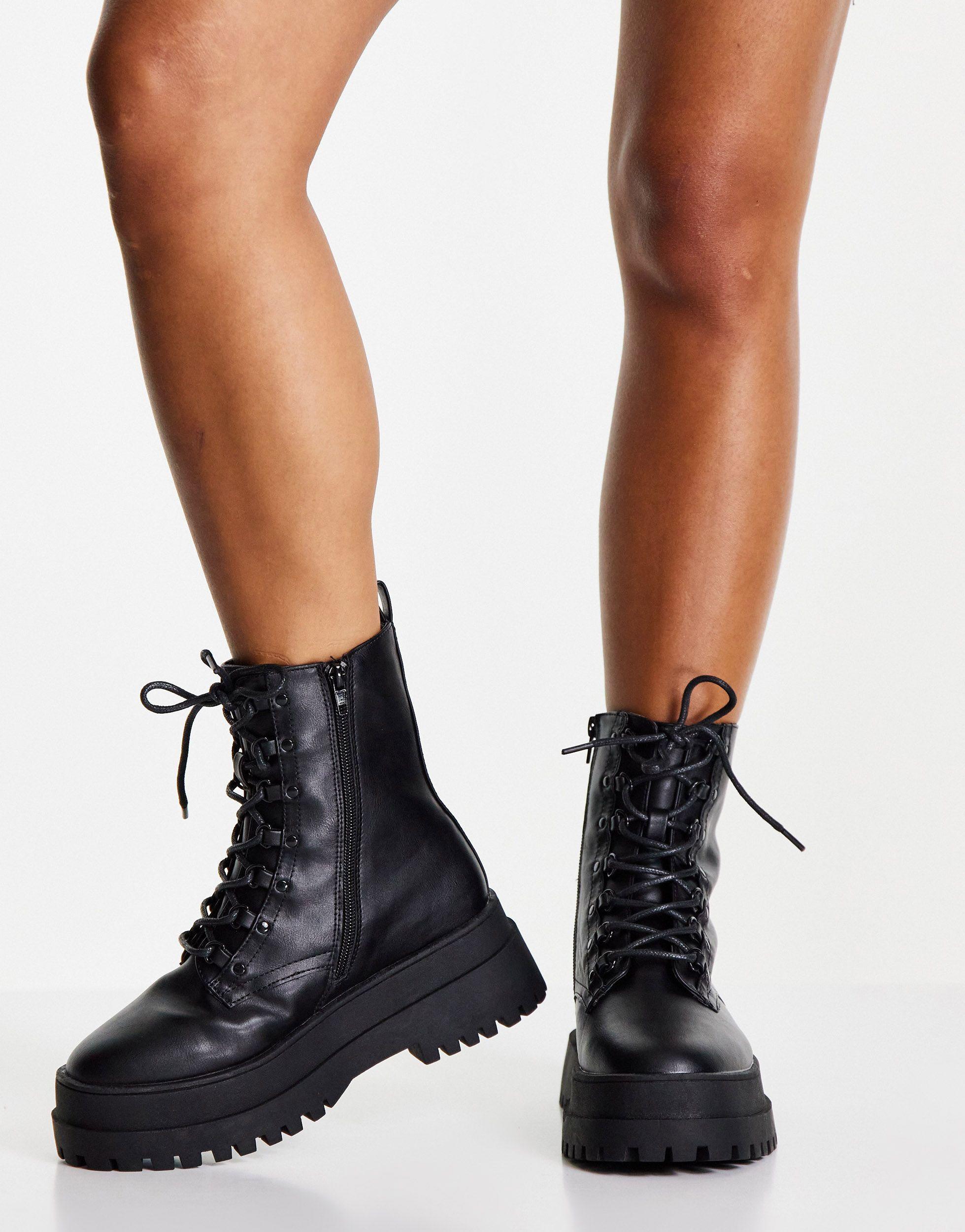 London Rebel Lace Up Chunky Boot in Black | Lyst