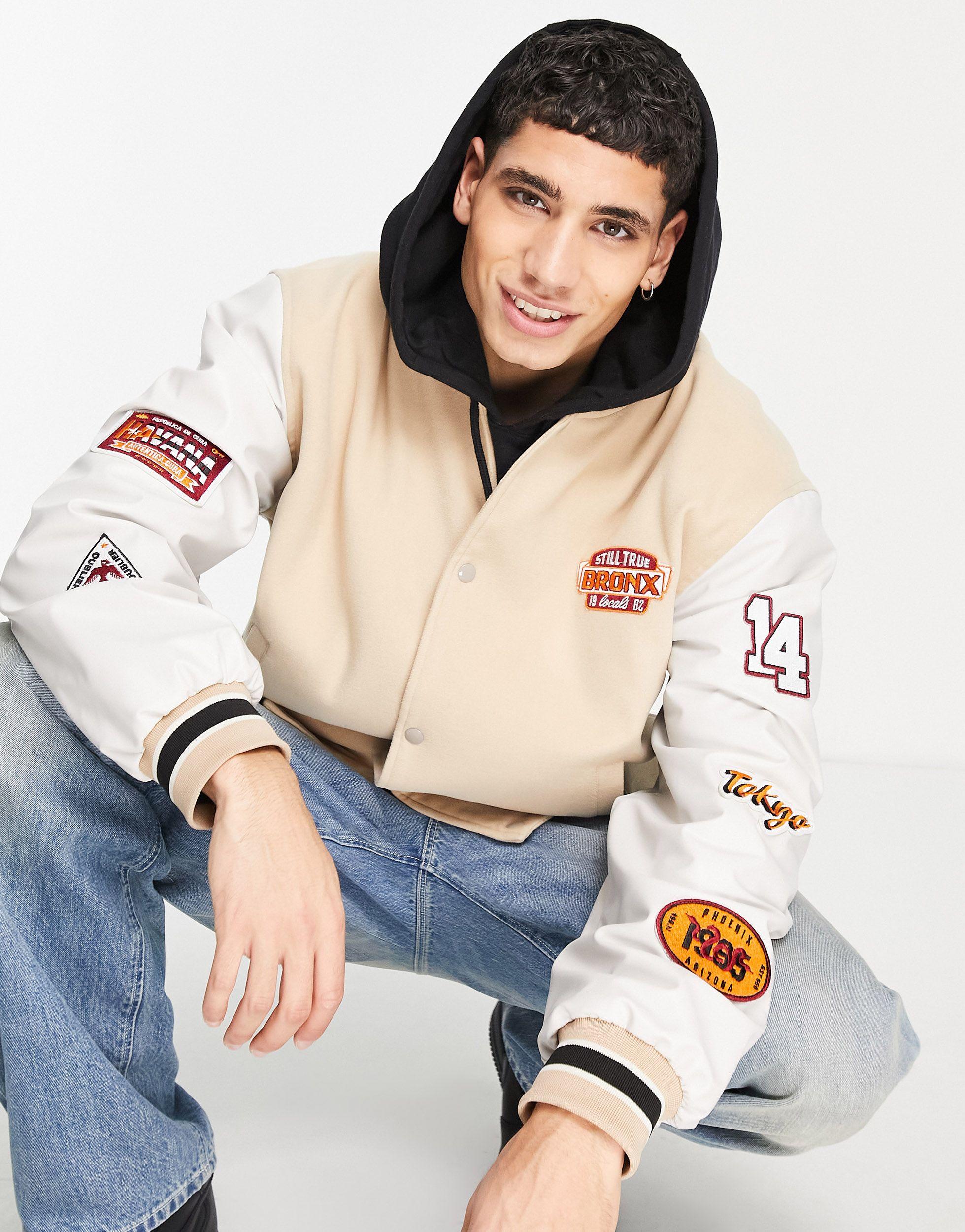ASOS Oversized Varsity Bomber Jacket With Faux Leather Sleeves for Men