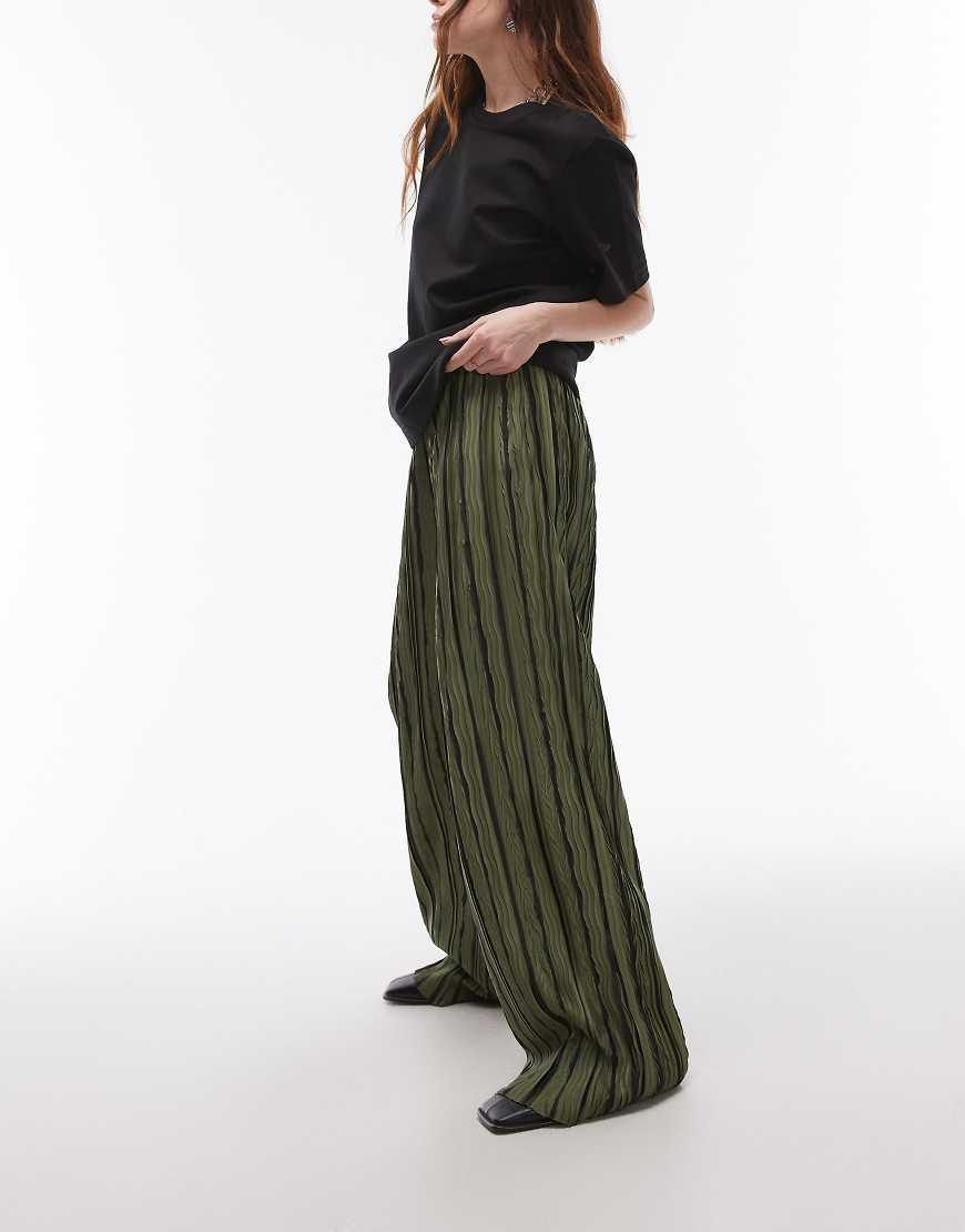 TOPSHOP Stripe Plisse Wide Leg Trousers in Green Lyst UK