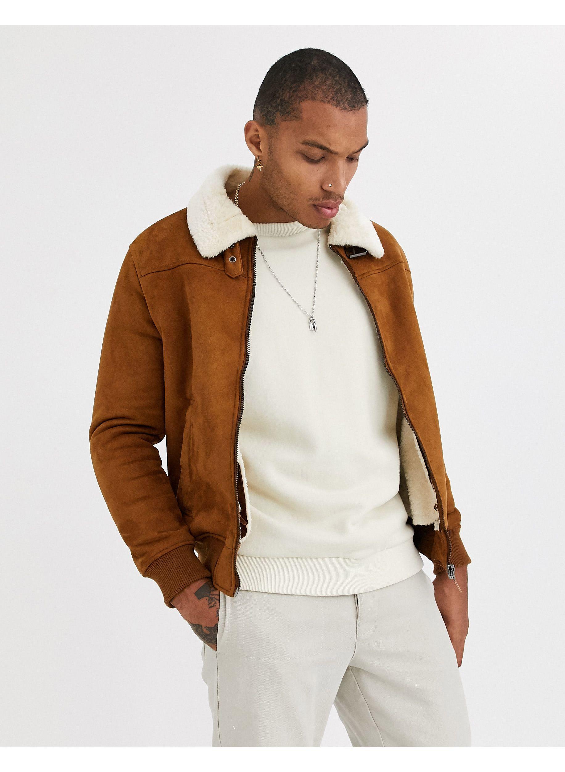 Bershka Lined Faux Suede Jacket With Contrast Collar In Tan in Brown ...