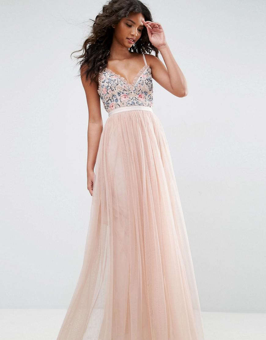 needle & thread embellished tiered tulle maxi dress in rouge