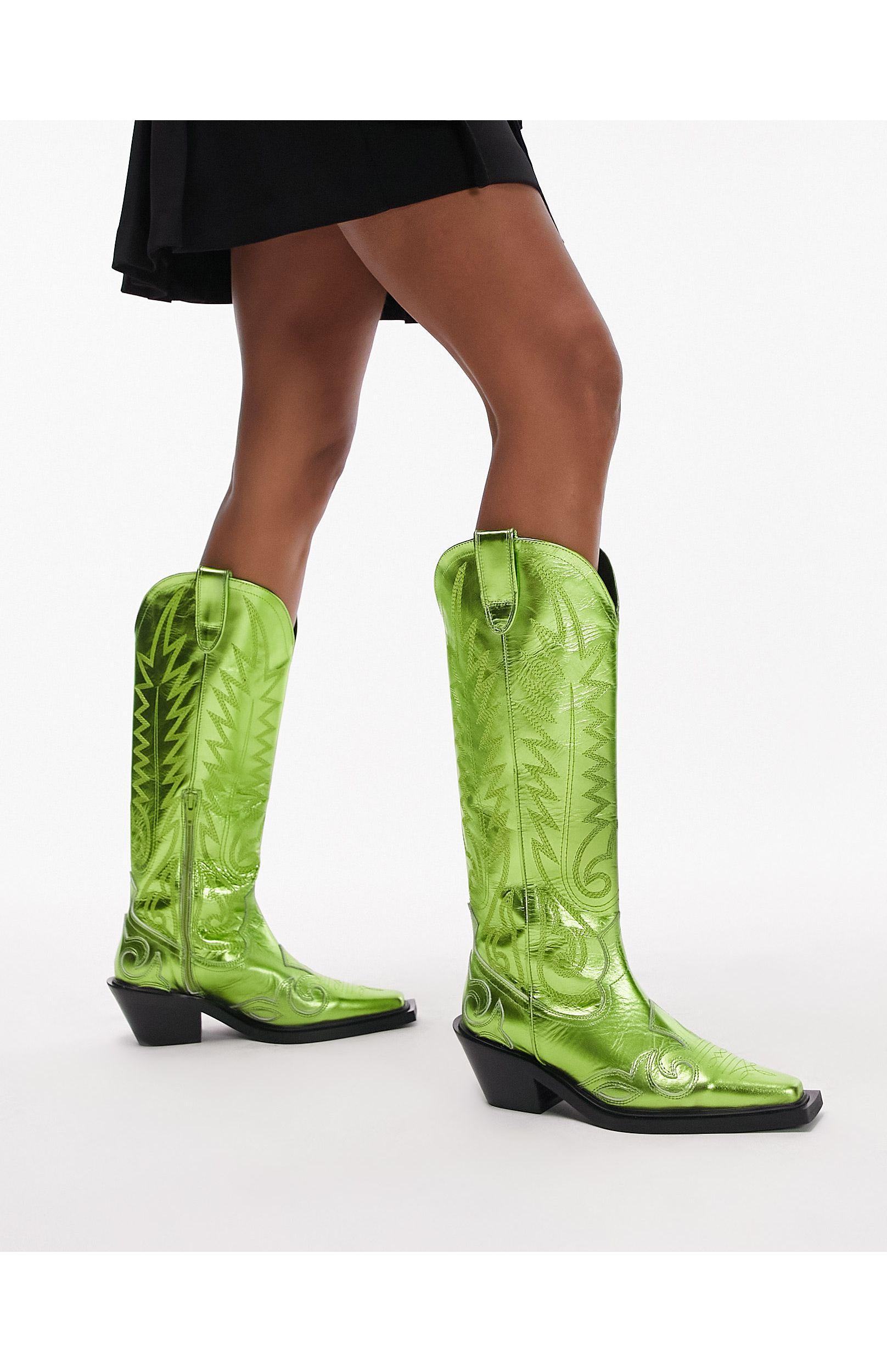 TOPSHOP Bailey Premium Leather Western Boot in Green | Lyst