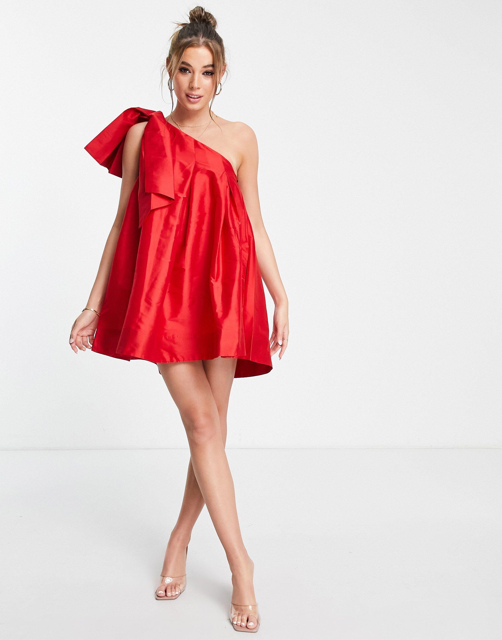 Forever New Oversized Bow One Shoulder Mini Dress in Red | Lyst Australia