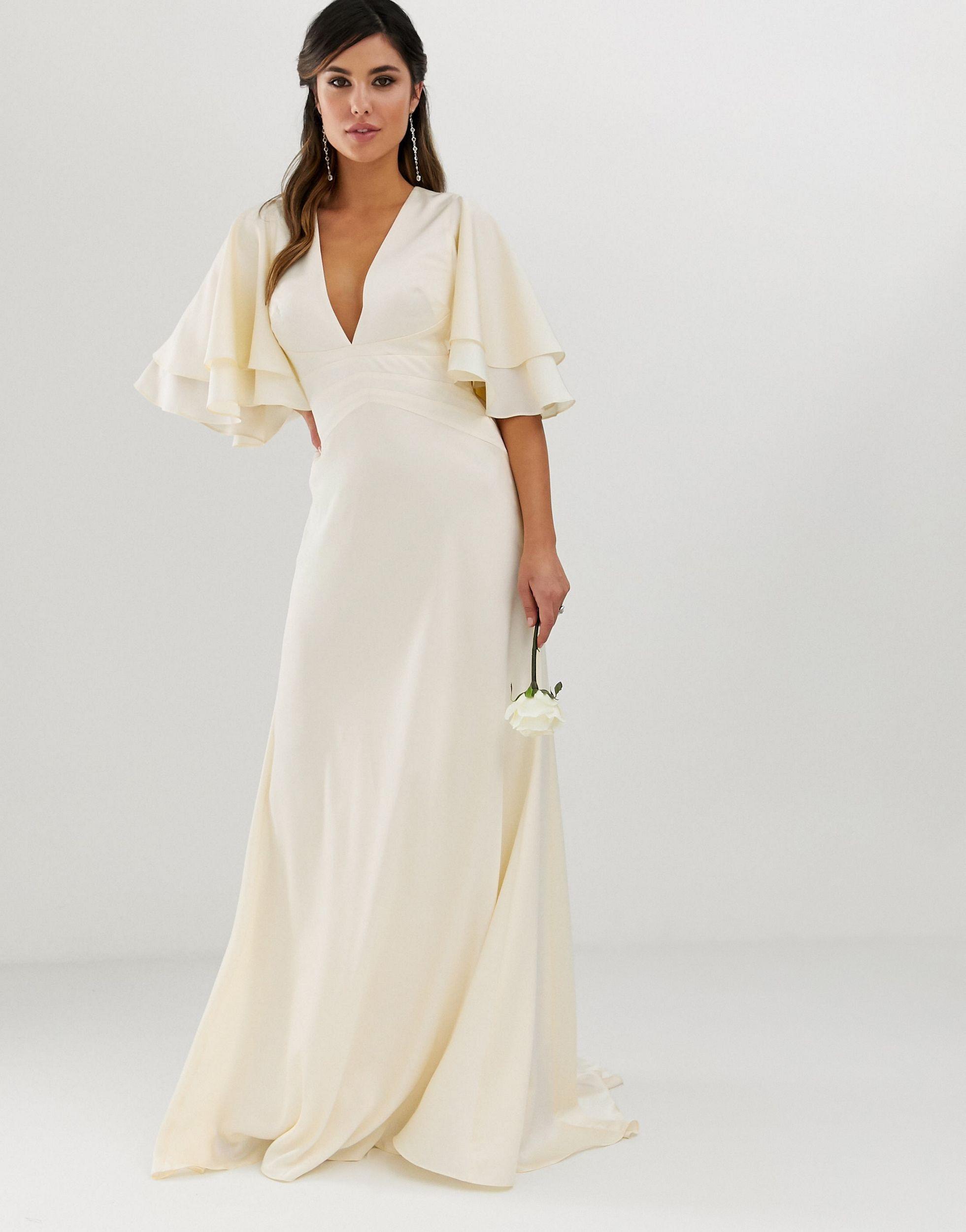 ASOS Satin Panelled Wedding Dress With Flutter Sleeve in Natural | Lyst
