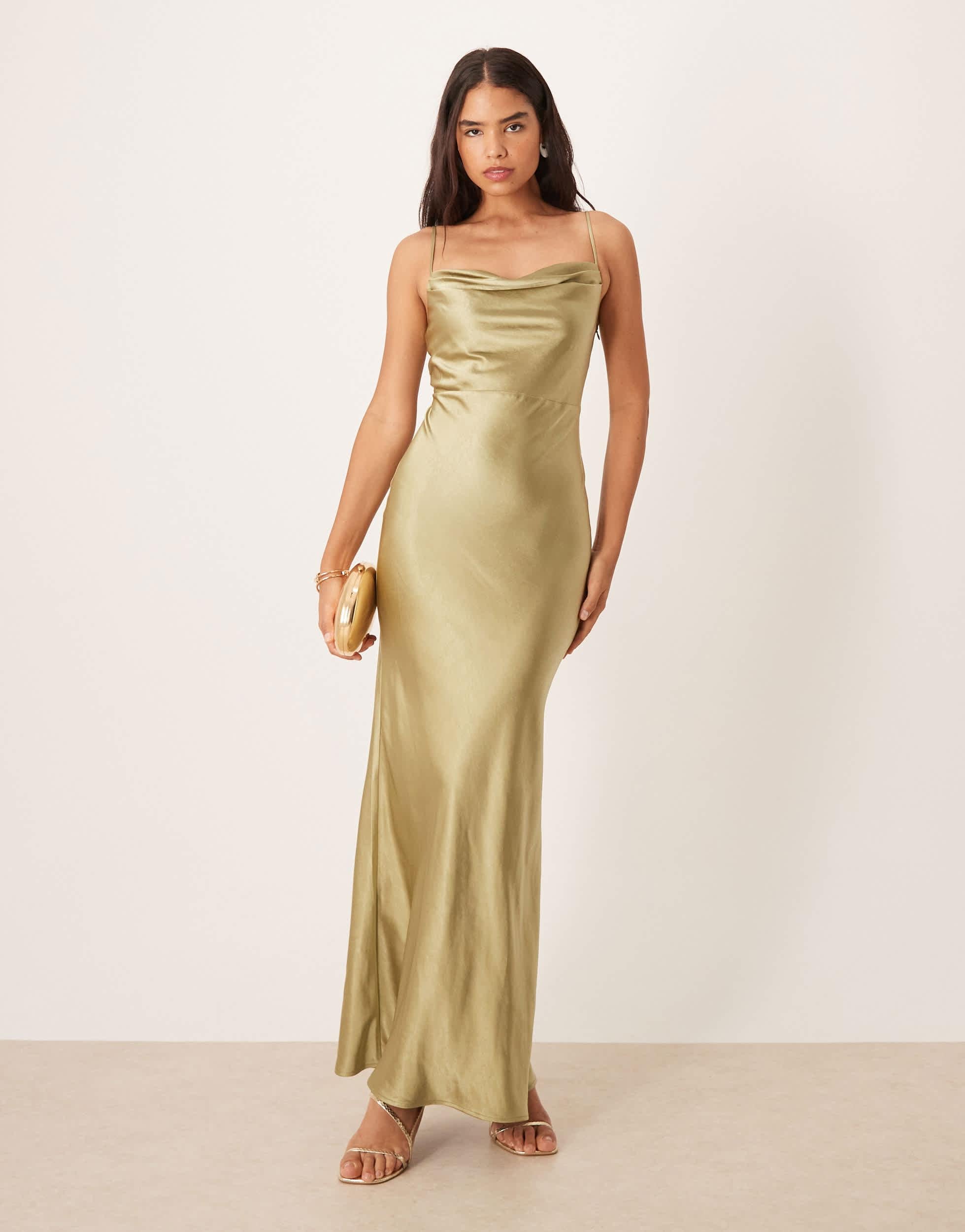 Pretty Lavish Bridesmaid Keisha Satin Cowl Neck Maxi Dress in Natural | Lyst