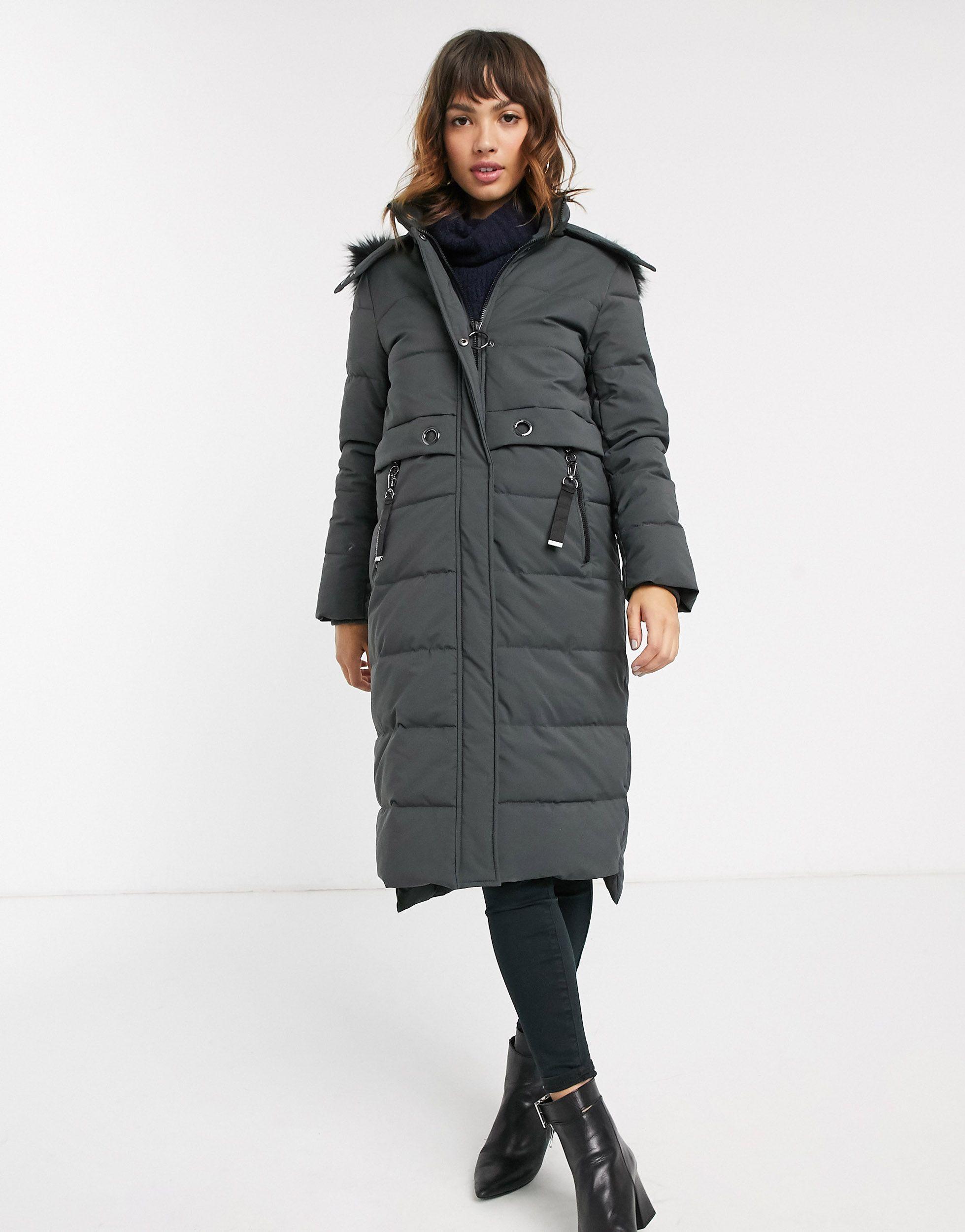 Esprit Synthetic Midi Padded Coat With Faux Fur Hood in Gray - Lyst
