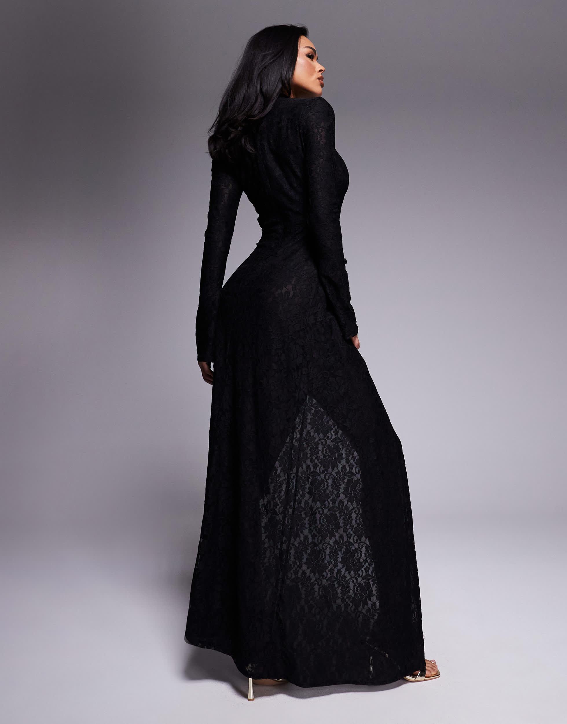 Murci Exclusive Lace High Neck Keyhole Detail Thigh Split Maxi Dress in  Black | Lyst