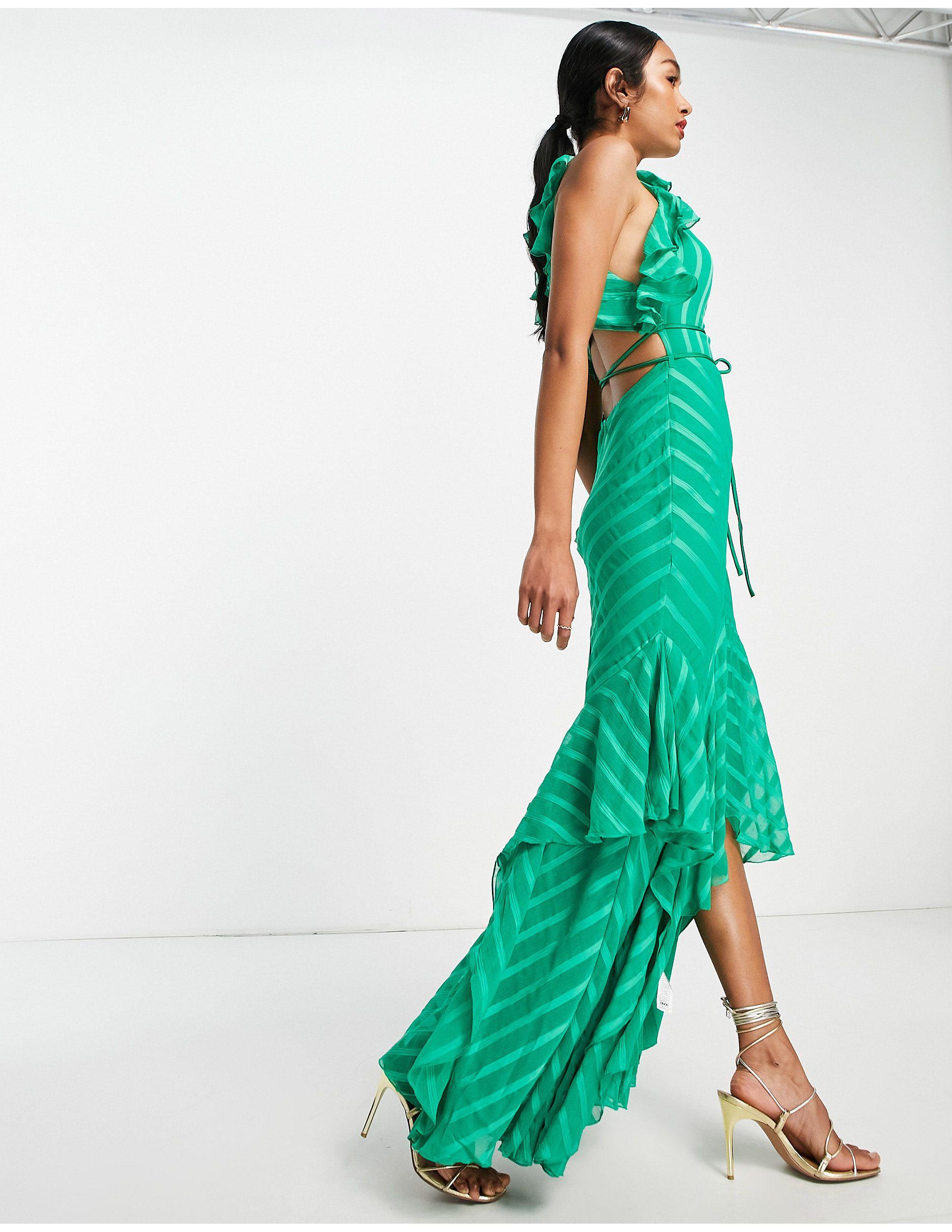 ASOS Satin Stripe Halter Maxi Dress With Drape Ruffle And Tie Detail in  Green | Lyst