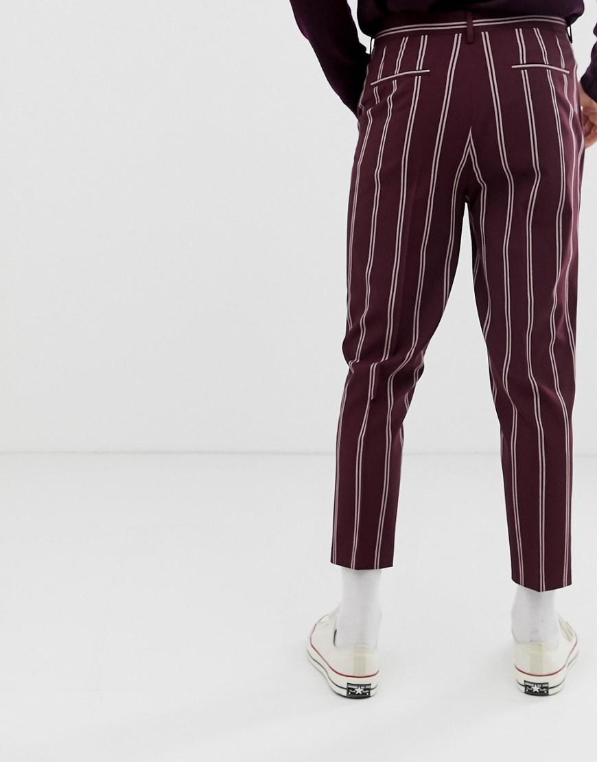 Asos Cotton Smart Tapered Trousers In Burgundy With Pin Stripe For Men