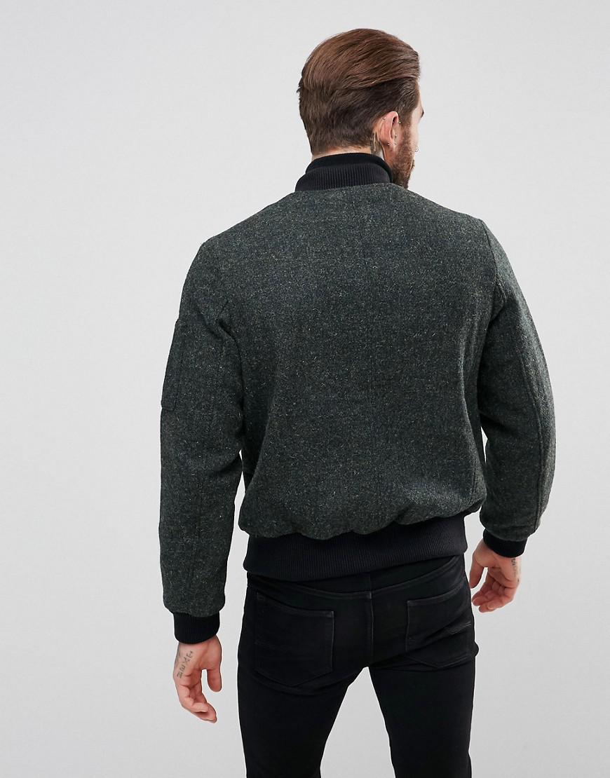 ASOS Harris Tweed Bomber Jacket In Khaki Melange in Green for Men Lyst