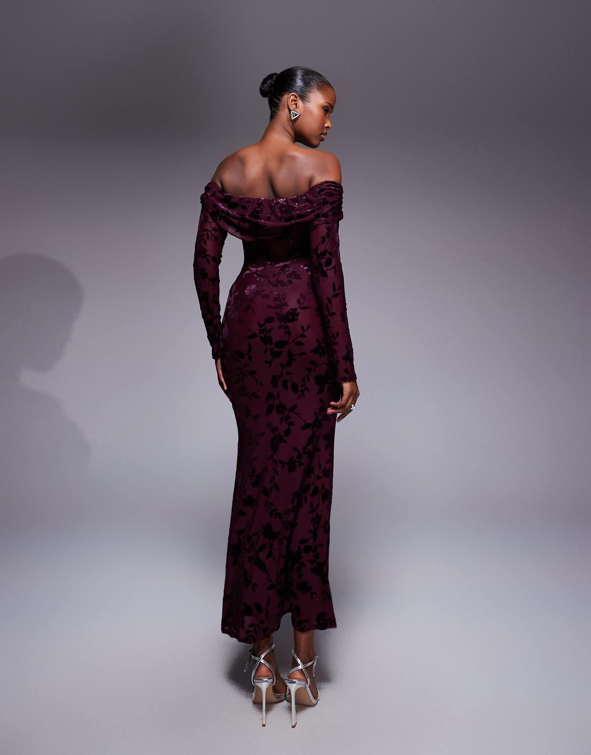 TFNC London Off Shoulder Long Sleeve Maxi Dress in Purple