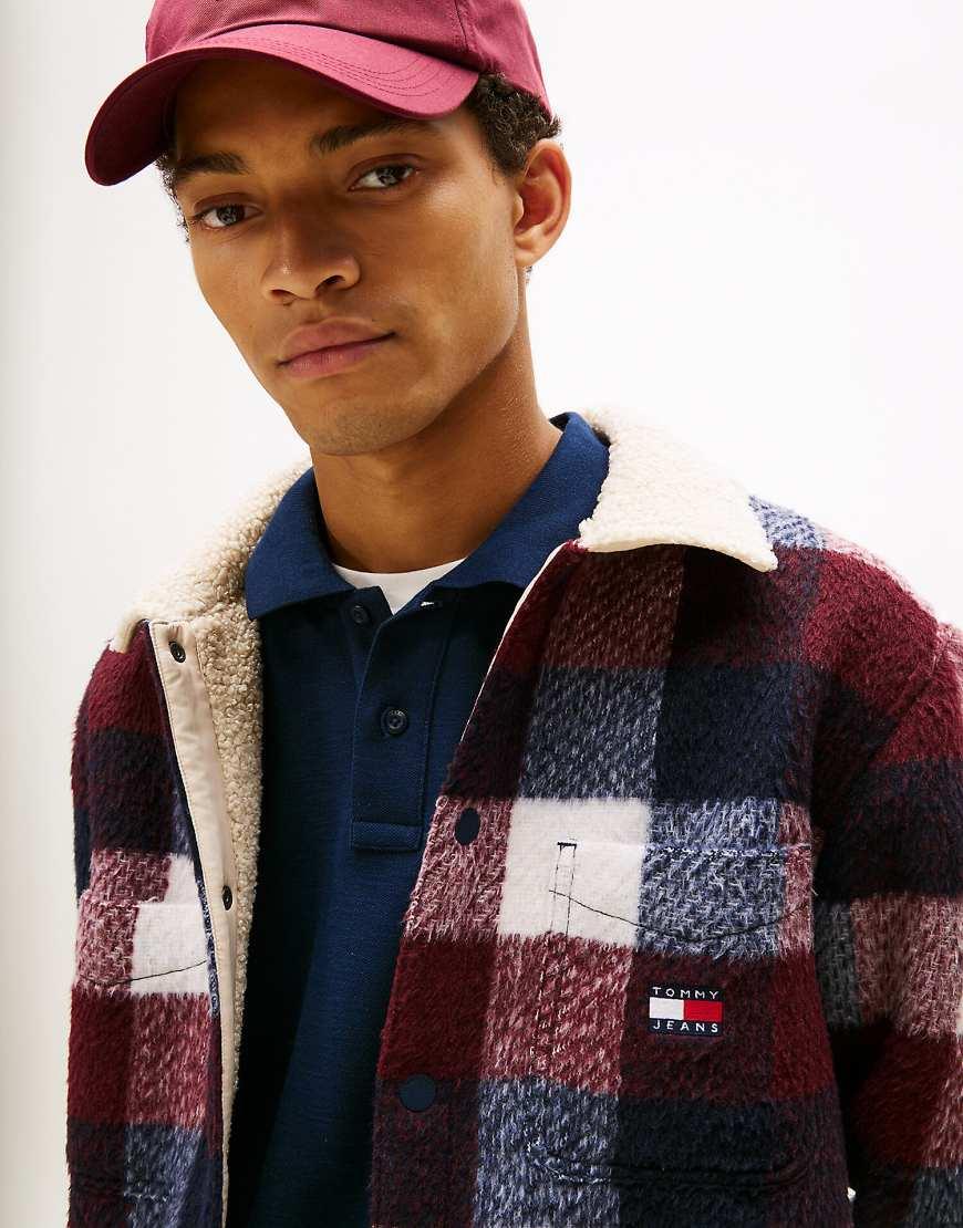 Tommy Hilfiger Oversized Fit Check Teddy Collar Overshirt in Blue