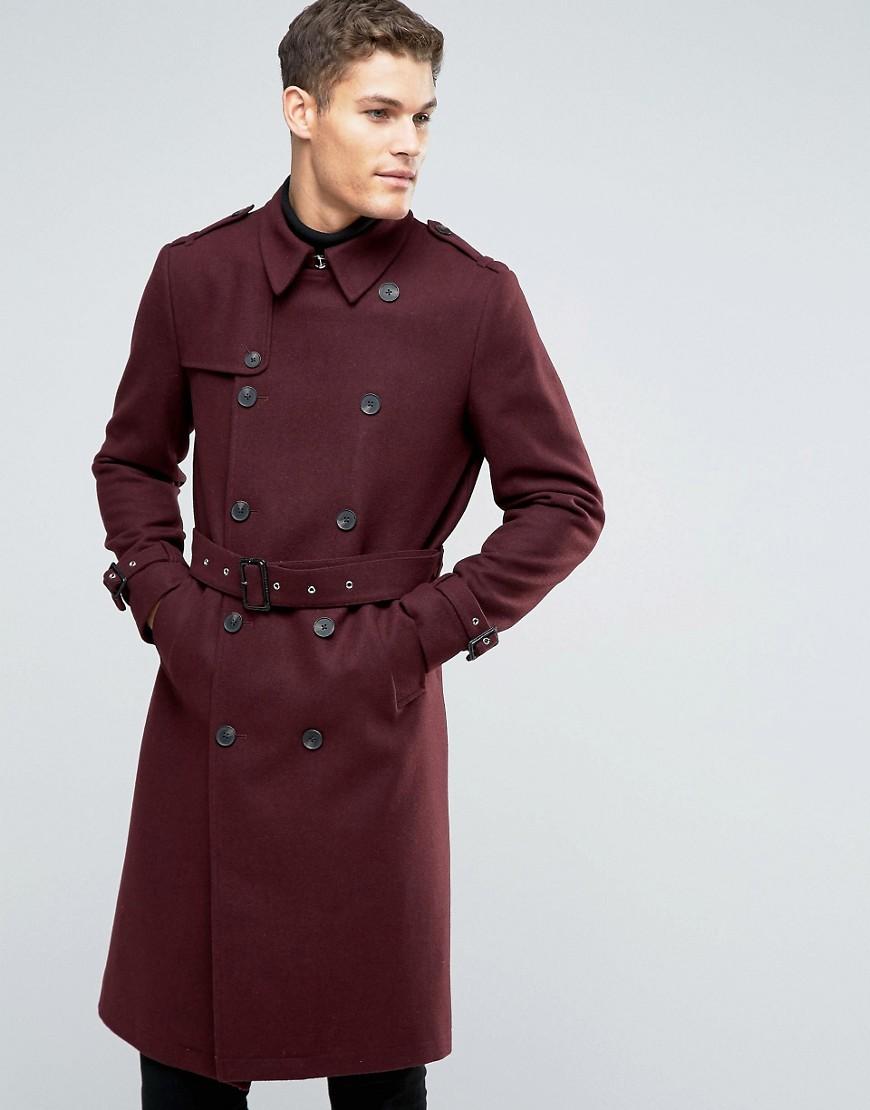 Lyst - Asos Wool Mix Belted Double Breasted Overcoat In Burgundy in Red ...