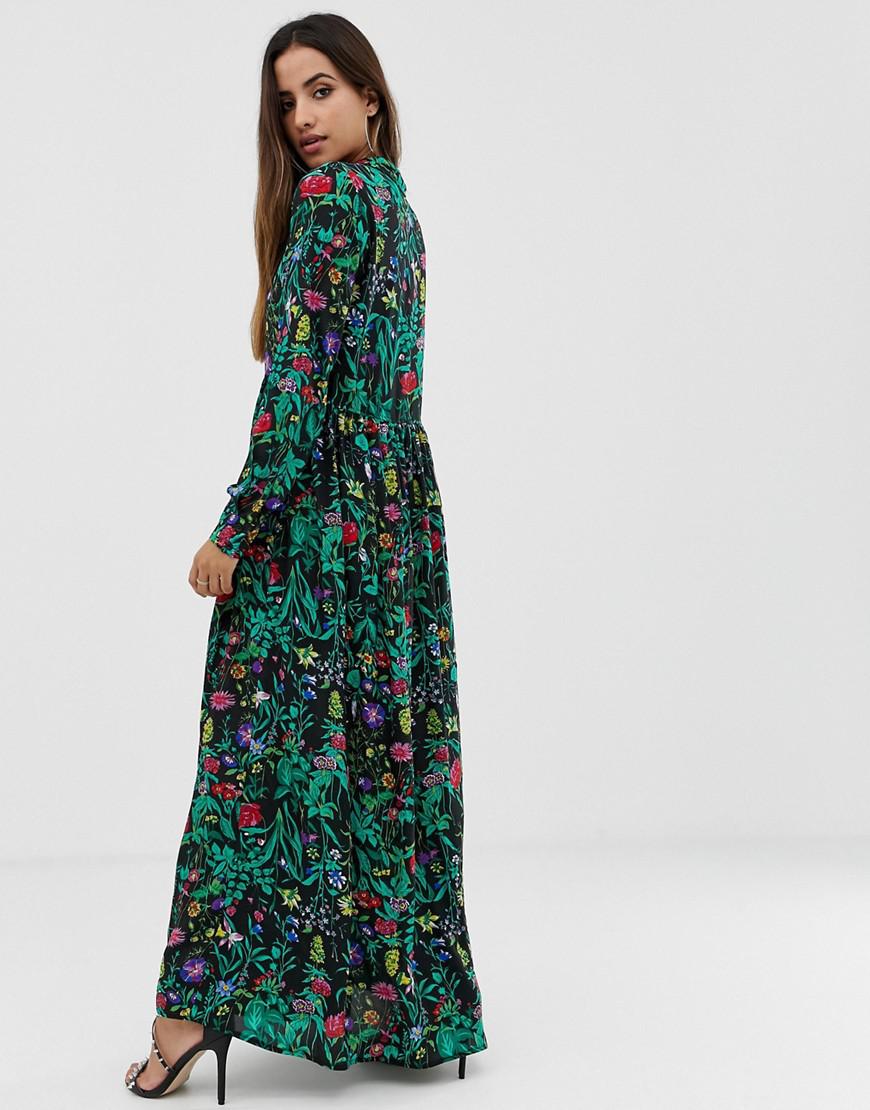 prettylittlething button down maxi shirt dress in black floral