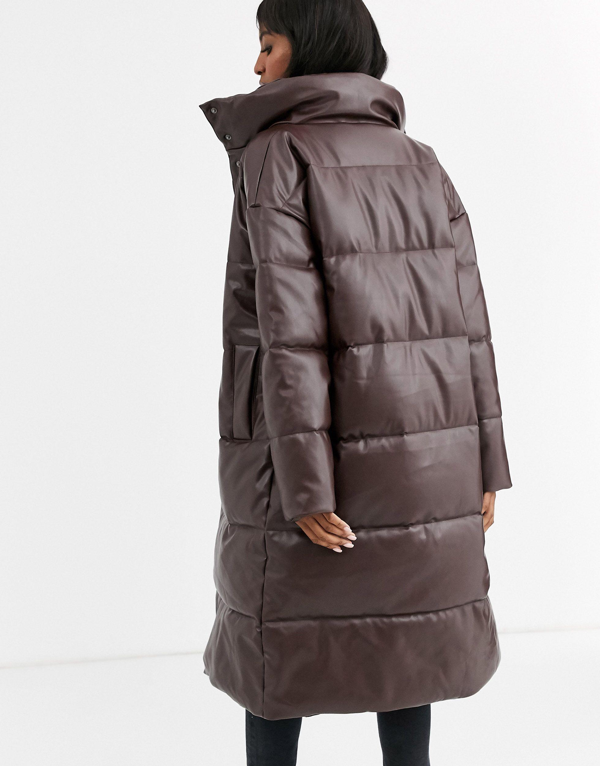 ASOS Asos Design Tall Longline Leather Look Puffer Coat in Brown - Lyst