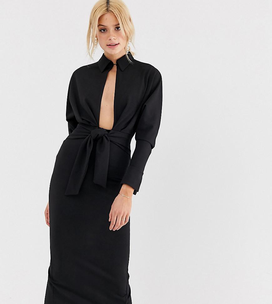 asos design long sleeve wrap shirt midi dress