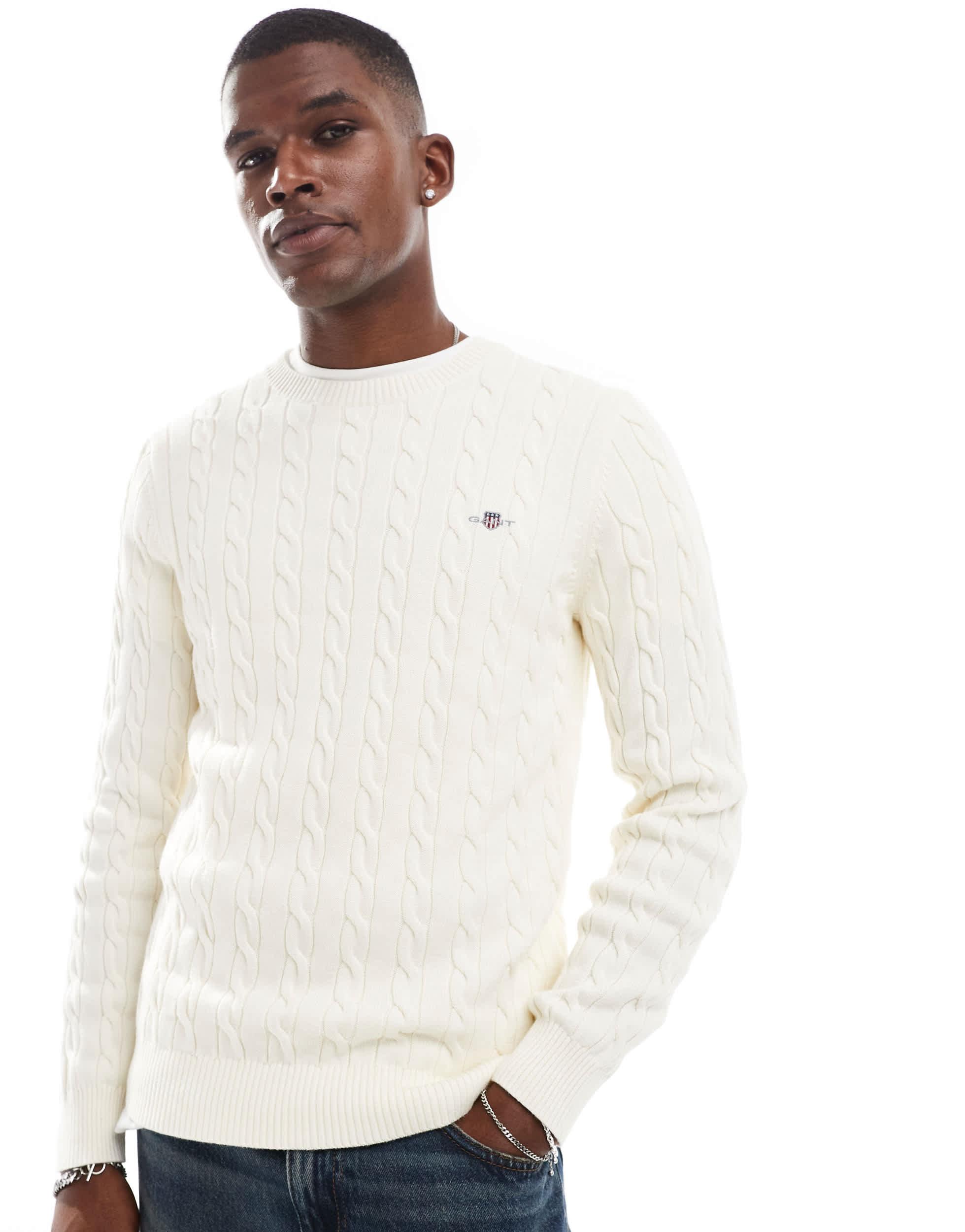 GANT Cotton Cable Knit Jumper With Logo in White for Men Lyst Australia