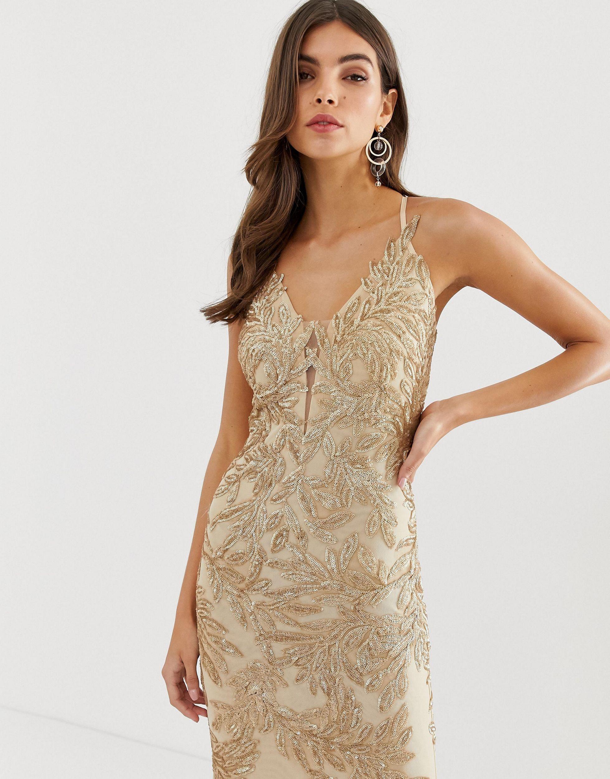 Forever Unique Fishtail Prom Maxi Dress In Lace Embroidery In Gold in  Metallic | Lyst UK