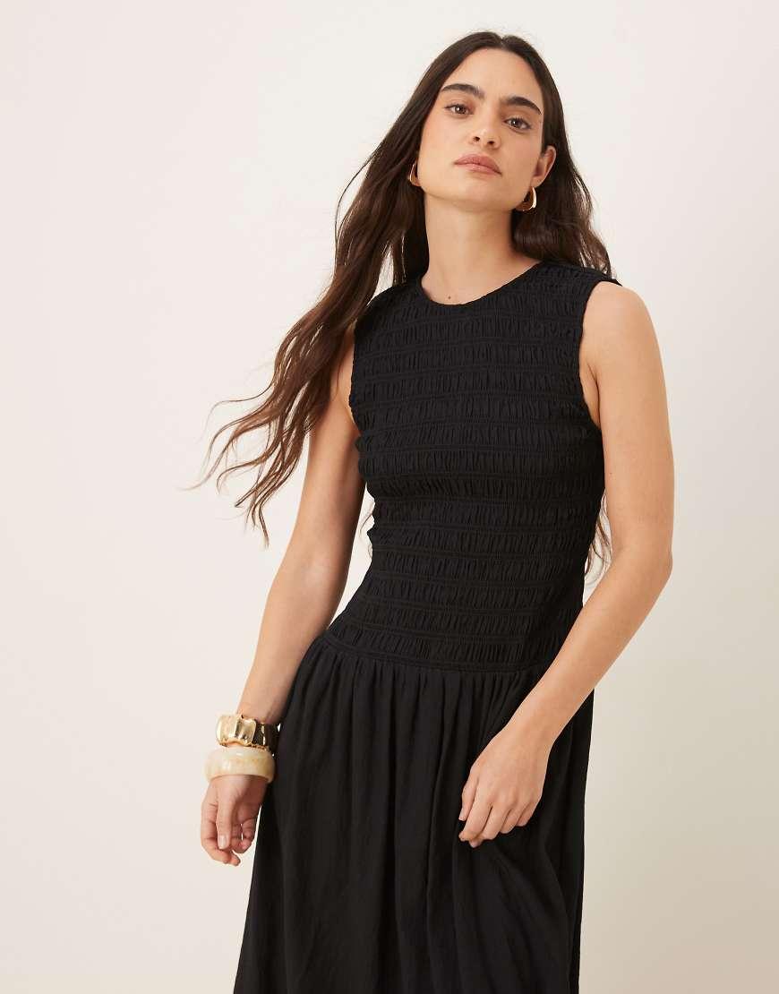 Mango Shirred Body Dropped Waist Midi Dress in Black