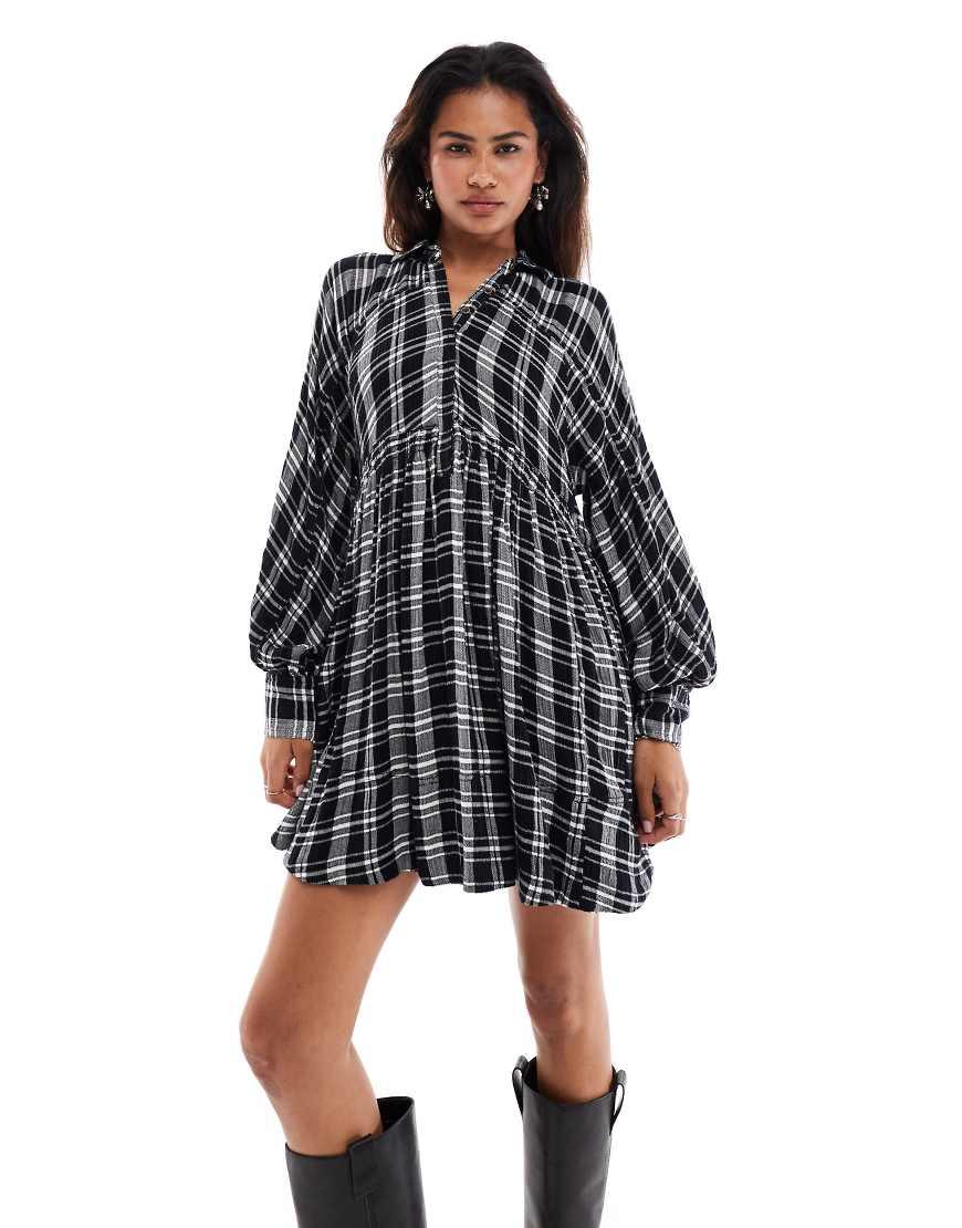 Free People Check Print Mini Slouchy Shirt Dress in Black Lyst UK