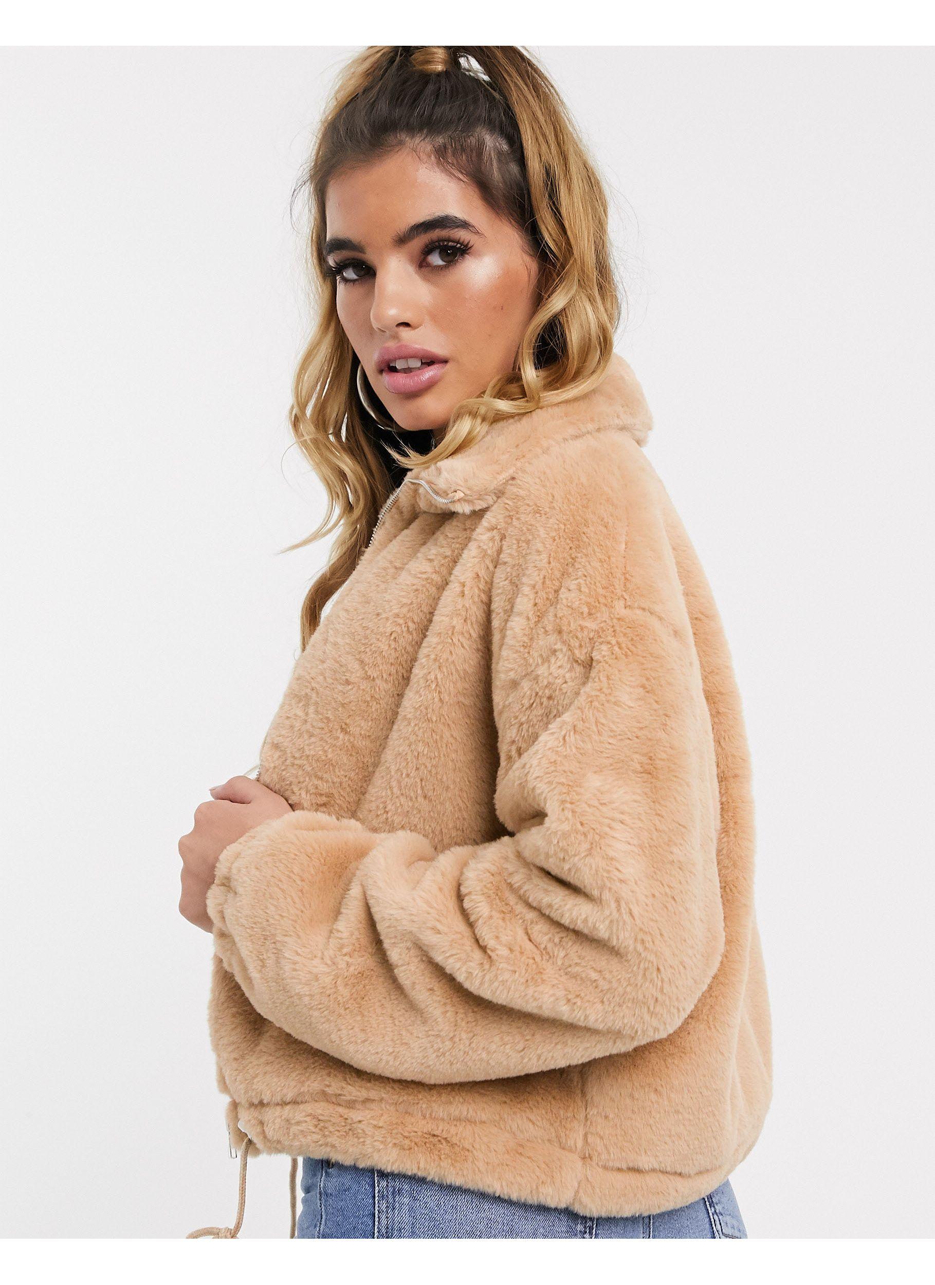 camel faux fur bomber jacket
