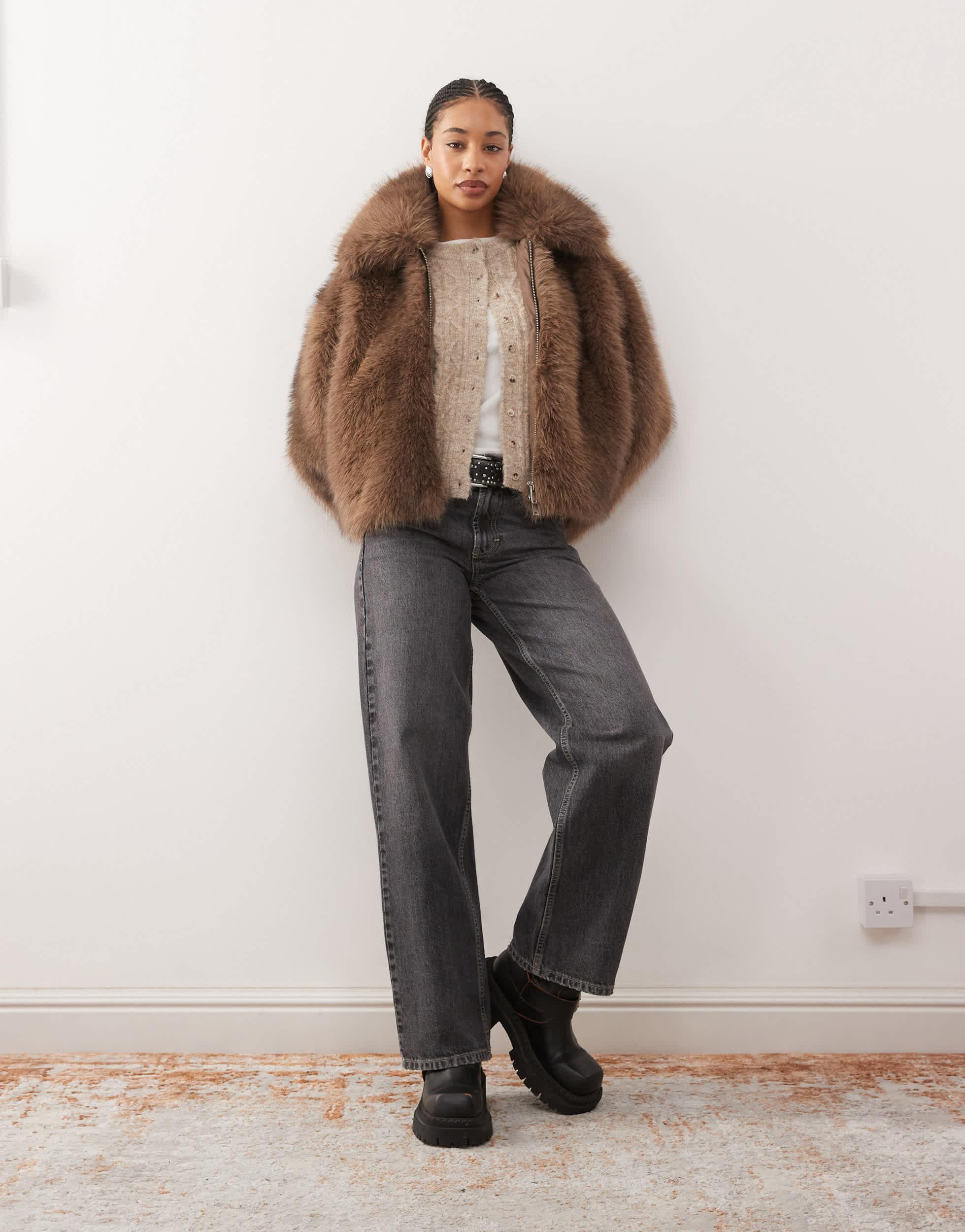 Monki Short Faux Fur Jacket in Brown | Lyst