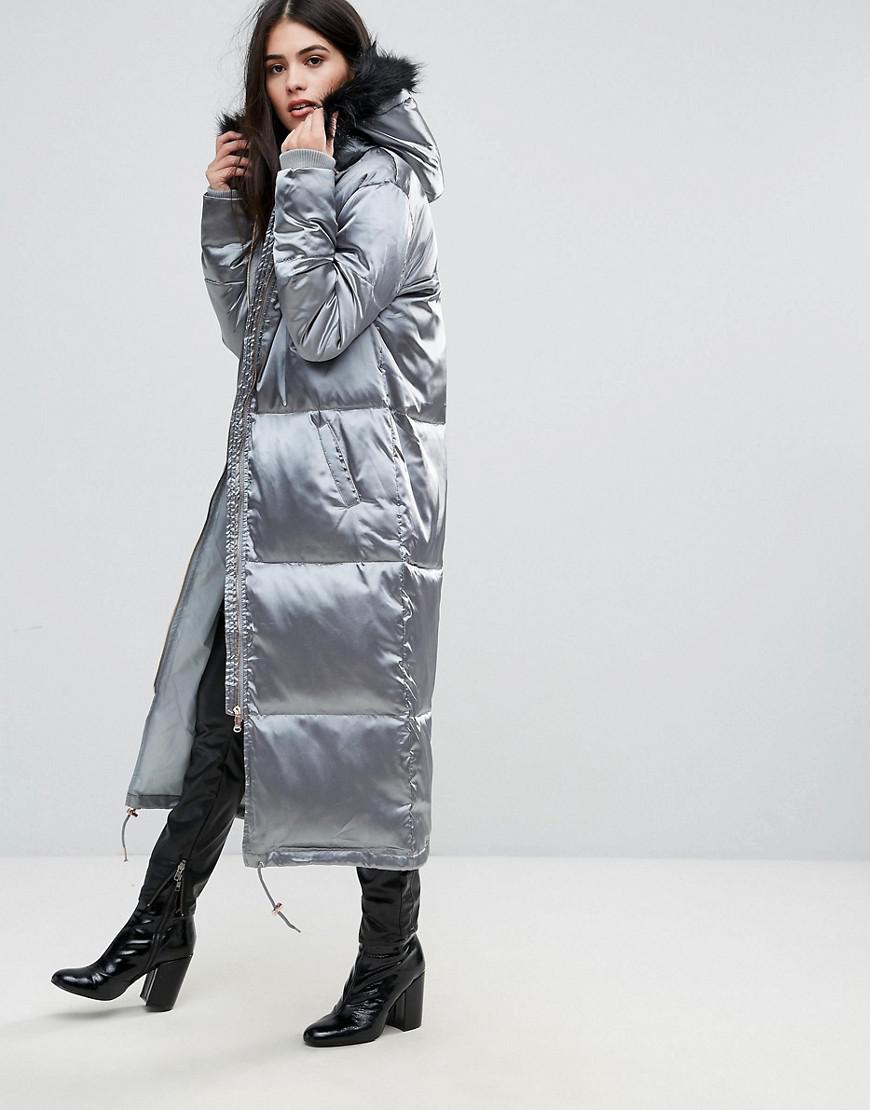 Missguided Grey Longline Satin Padded Coat in Green - Lyst