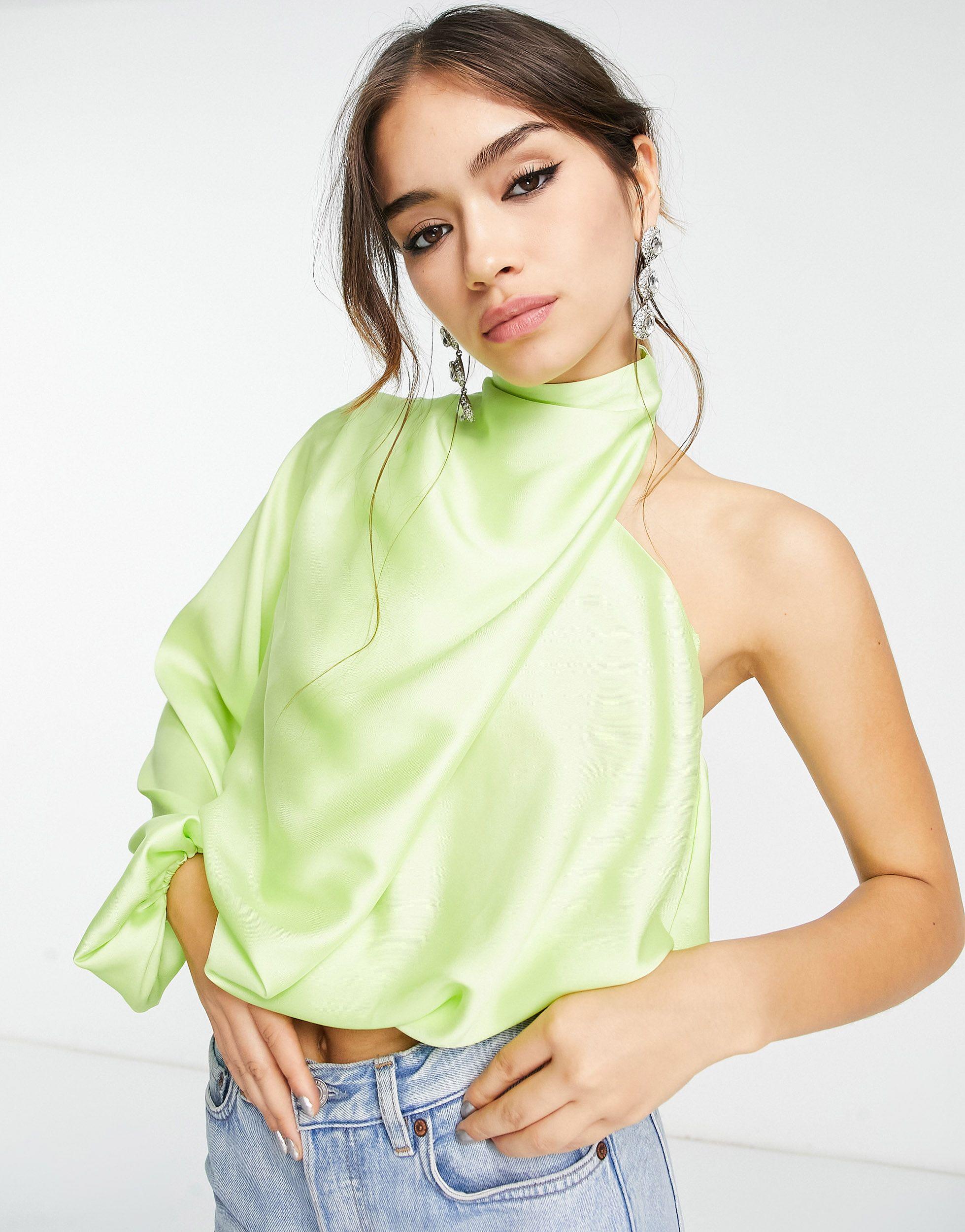 ASOS One Sleeve Cropped Blouse With Cowl Drape Neck in Green | Lyst Canada