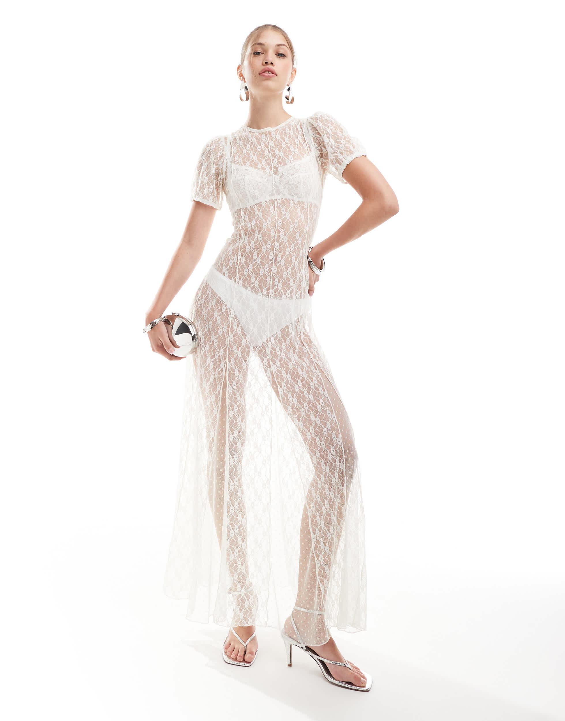 Miss Selfridge Festival Sheer Lace Maxi Dress With Godets in White