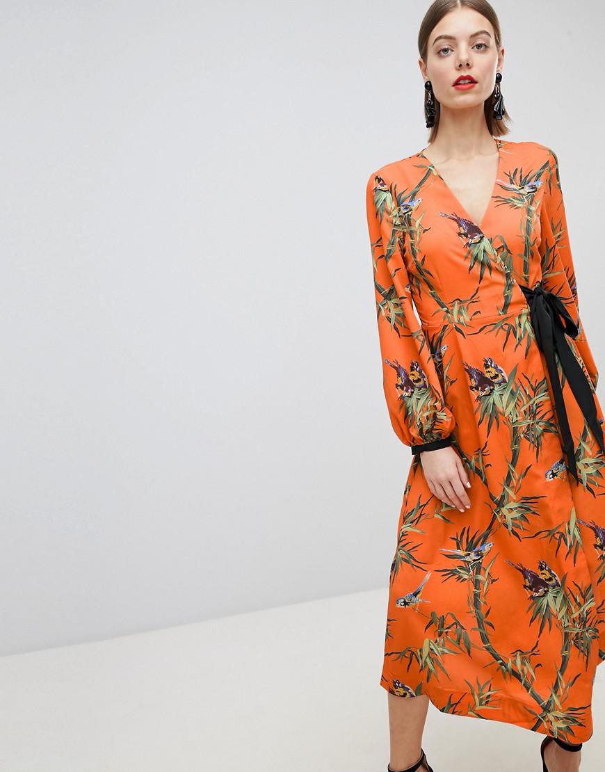 warehouse orange floral dress Warehouse Women's Floral Crinkle Satin Bias Button Side Midi Dress in Orange