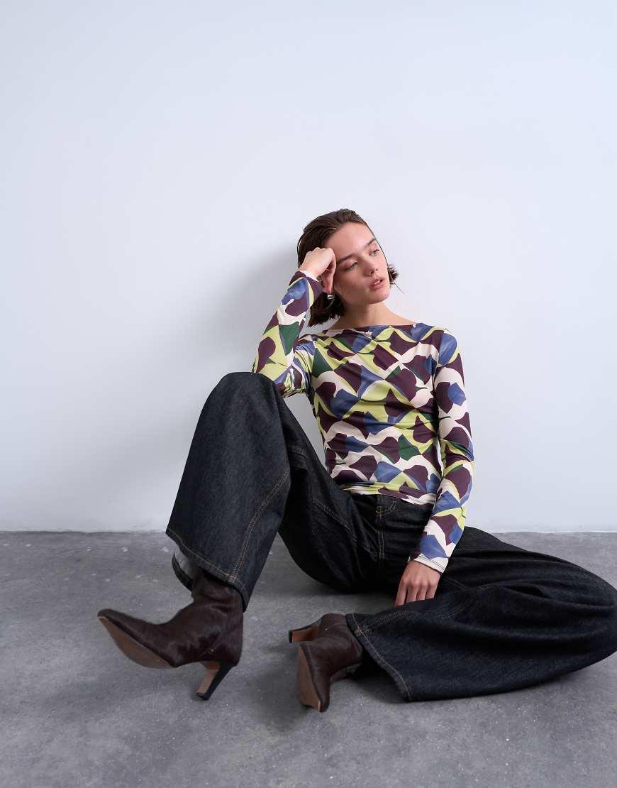 トップス UND LANDSCAPE PRINT LONG TOP TOPSHOP Microfibre Painted Geo Print Long Sleeve Top in White