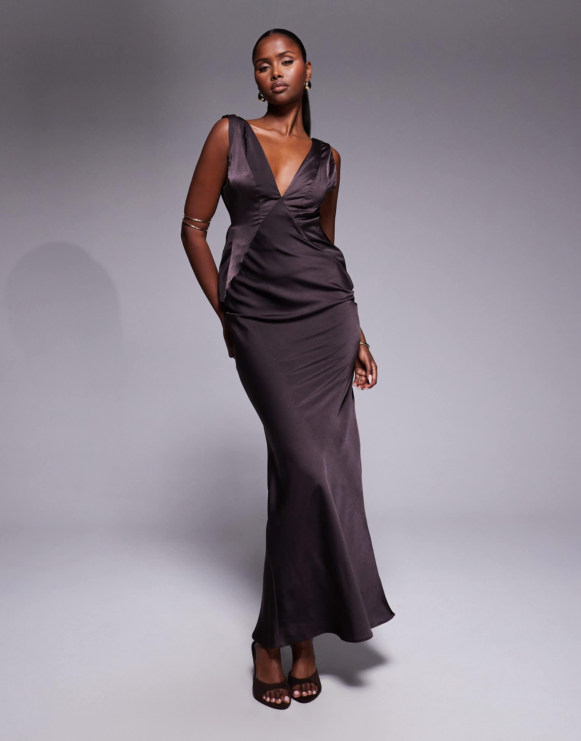 ASOS Satin Plunge Maxi Dress With Knot Shoulder And Deep Cowl Back in Purple  | Lyst