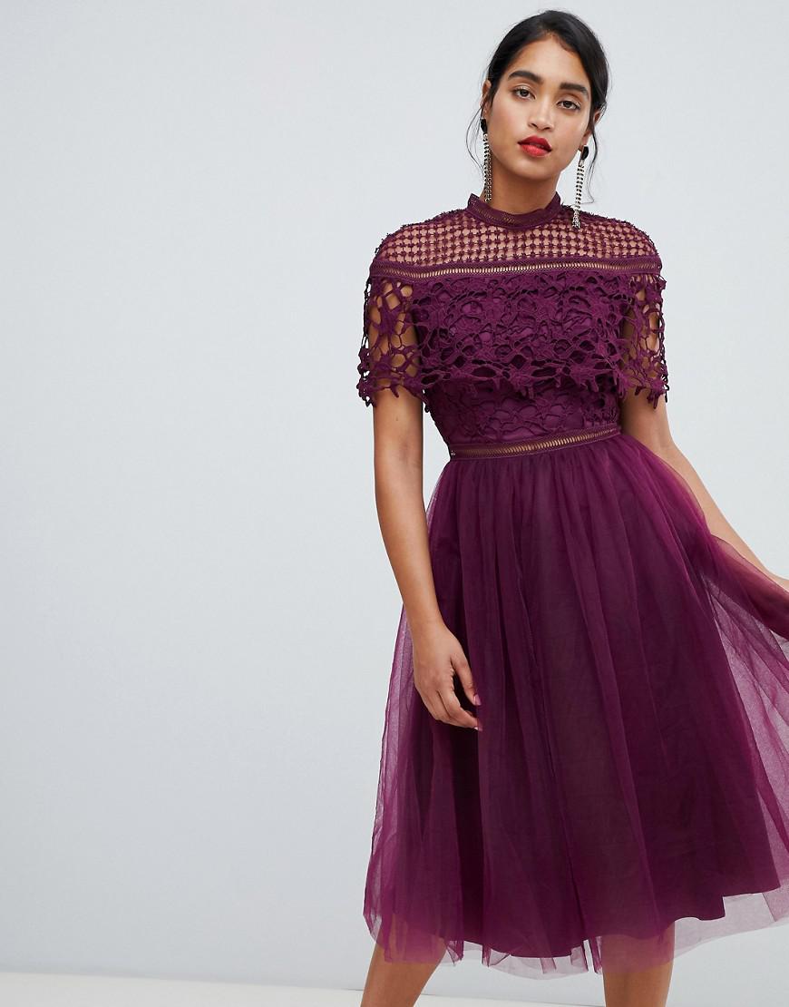 Chi Chi London 2 In 1 Lace Top Midi Dress With Tulle Skirt In Deep Purple |  Lyst