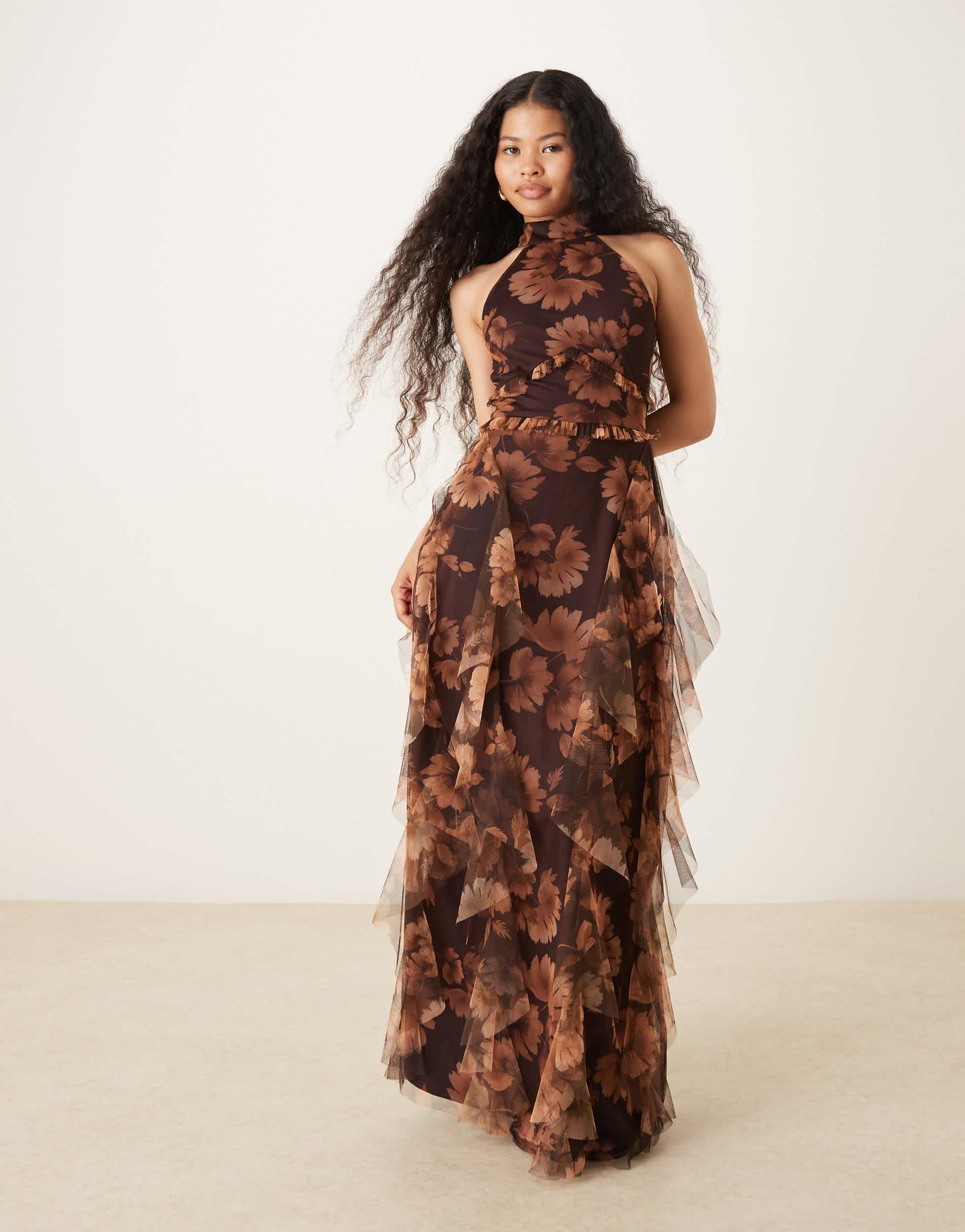 lace panel layered ruffle halter dress Slightly Stretchy Halter Neck A-Line Midi Evening Dress for Elegant  Occasions