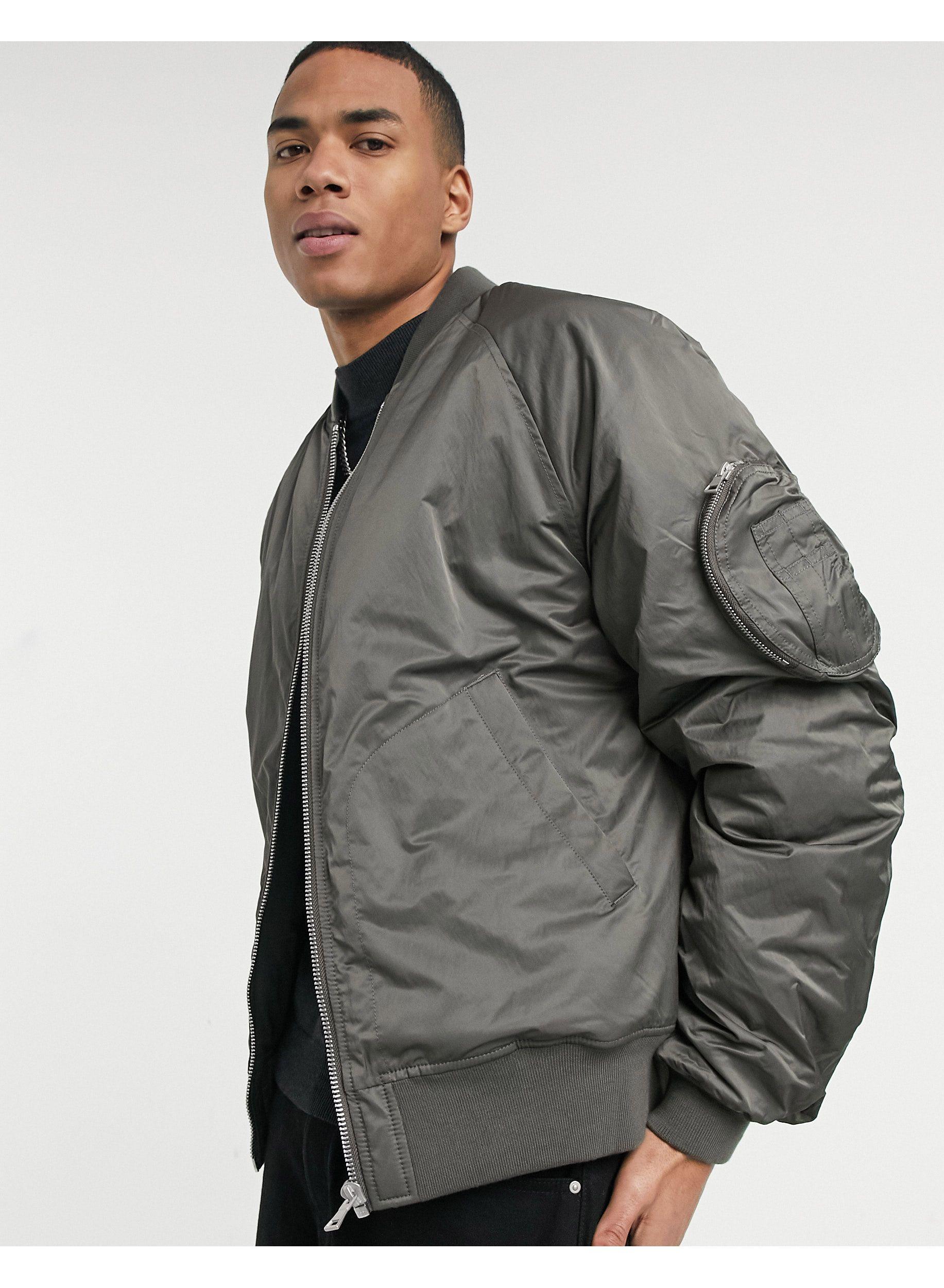 ASOS Oversized Bomber Jacket With Rouche Detail in Gray for Men | Lyst