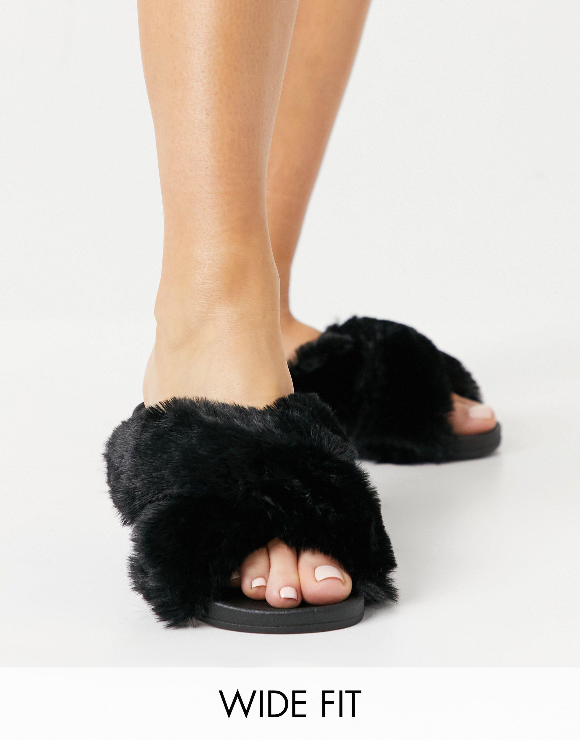 ASOS Wide Fit Fiona Fluffy Crossover Sliders in Black | Lyst UK