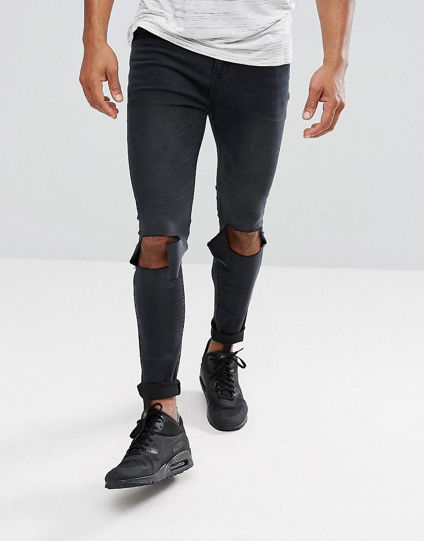 BoohooMAN Denim Super Skinny Jeans With Knee Rips In Black Wash for Men ...